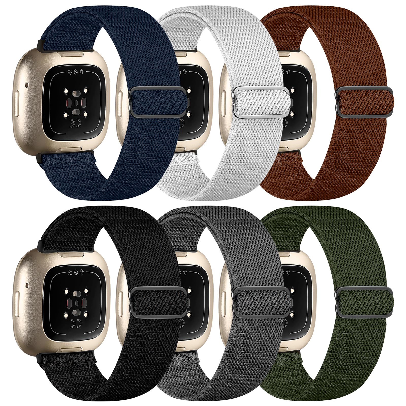 Chinbersky 6 Pack Armband Kompatibel mit Fitbit Versa 3 Armband/Fitbit Versa 4 Armband/Fitbit Sense Armband Damen Herren, Verstellbares Dehnen Nylon Sport band für Fitbit Versa 4/Versa 3/Sense 2/Sense