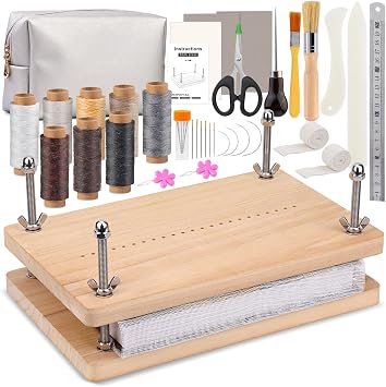 UzecPk Book Binding Kits, Bookbinding Kit 11.8x7.6 Wooden Book Press | Materials Book Making Kit Bookbinding Supplies with Book Cloth Bone Folder Awl Needles Wax Thread for Bindings Repair