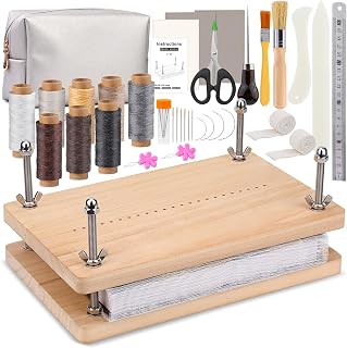 Uzecpk Book Binding Kits, Book Press, Bookbinding Kit, Book Binding Materials, Book Making Kit with Book Cloth Bone Folder Awl Bookbinding Needles Wax Thread, 11.8 X 7.6 Inches