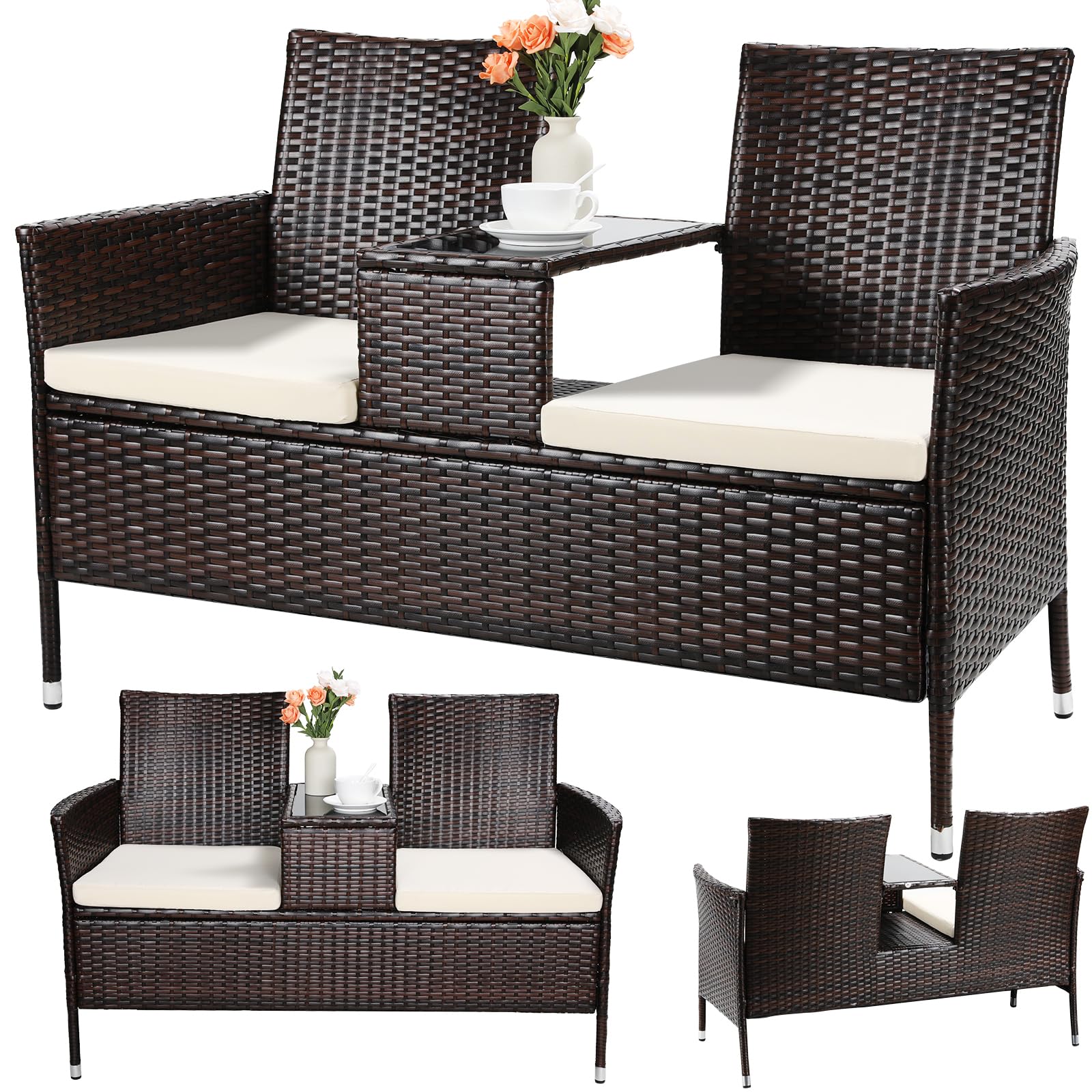 TLSUNNY Wetterfest Polyrattan Gartenbank, 2-Sitzer Gartenmöbel Set mit Integriertem Tisch, 2PCS Sitzkissen, Rattan Balkonmöbel, Bequem und Atmungsaktiv, 120X54X83cm, Groß Balkonmöbel Set, Braun