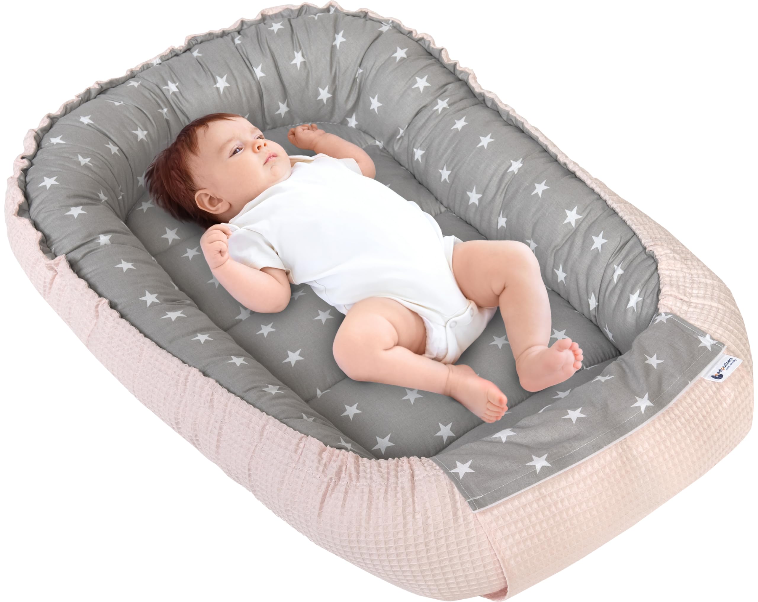 Medi Partners Babynest Nestchen für Neugeborene - 100x60x15 Babynestchen Baby zweiseitg Nest Bett 100% Baumwolle Waffel Kuschelnest tragbar (graue Sternen mit Hellrosa Waffel)