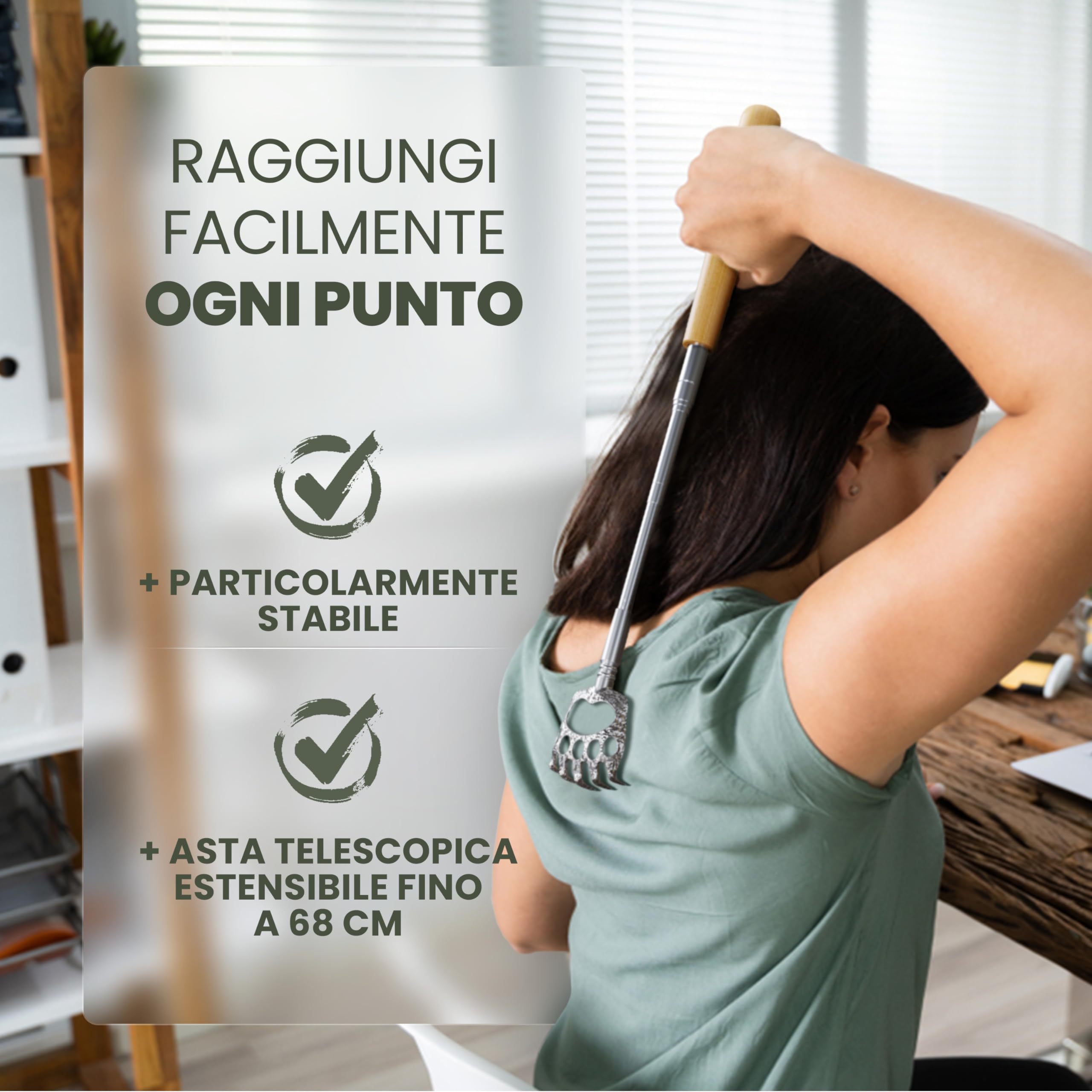 BAMBUA Manina Grattaschiena Allungabile - (Include 5 Accessori) Manico in Bambù - Per Sensazioni di Grattamento Soddisfacenti - Gratta Schiena Mano Allungabile - Grattino Schiena - Idea Regalo