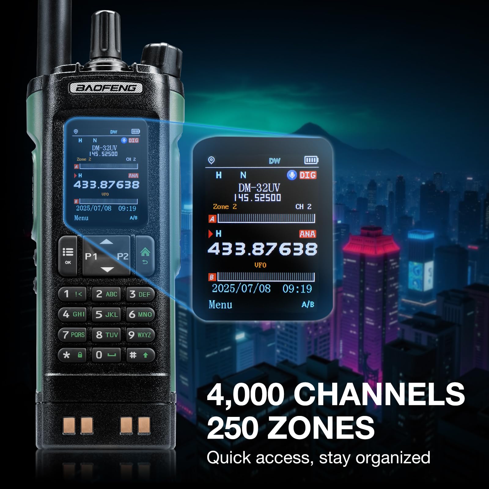 Radio BAOFENG DM-32UV DMR 10W portatile UHF/VHF/AM/FM con GPS e APRS digitale, doppio slot Tier II, display 2", 4000 canali, zielona