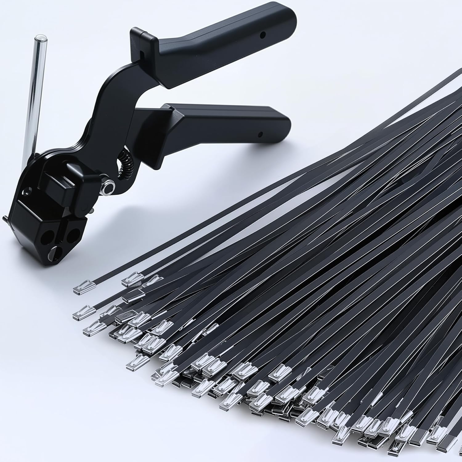 Black Metal Zip Ties with Stainless Steel Cable Tie Gun for Fastening and Cutting Metal Cable Ties, with 100pcs 11.8inch Uv Resistant Steel Zip Ties for Chain Link Fence, Exhaust Pipe