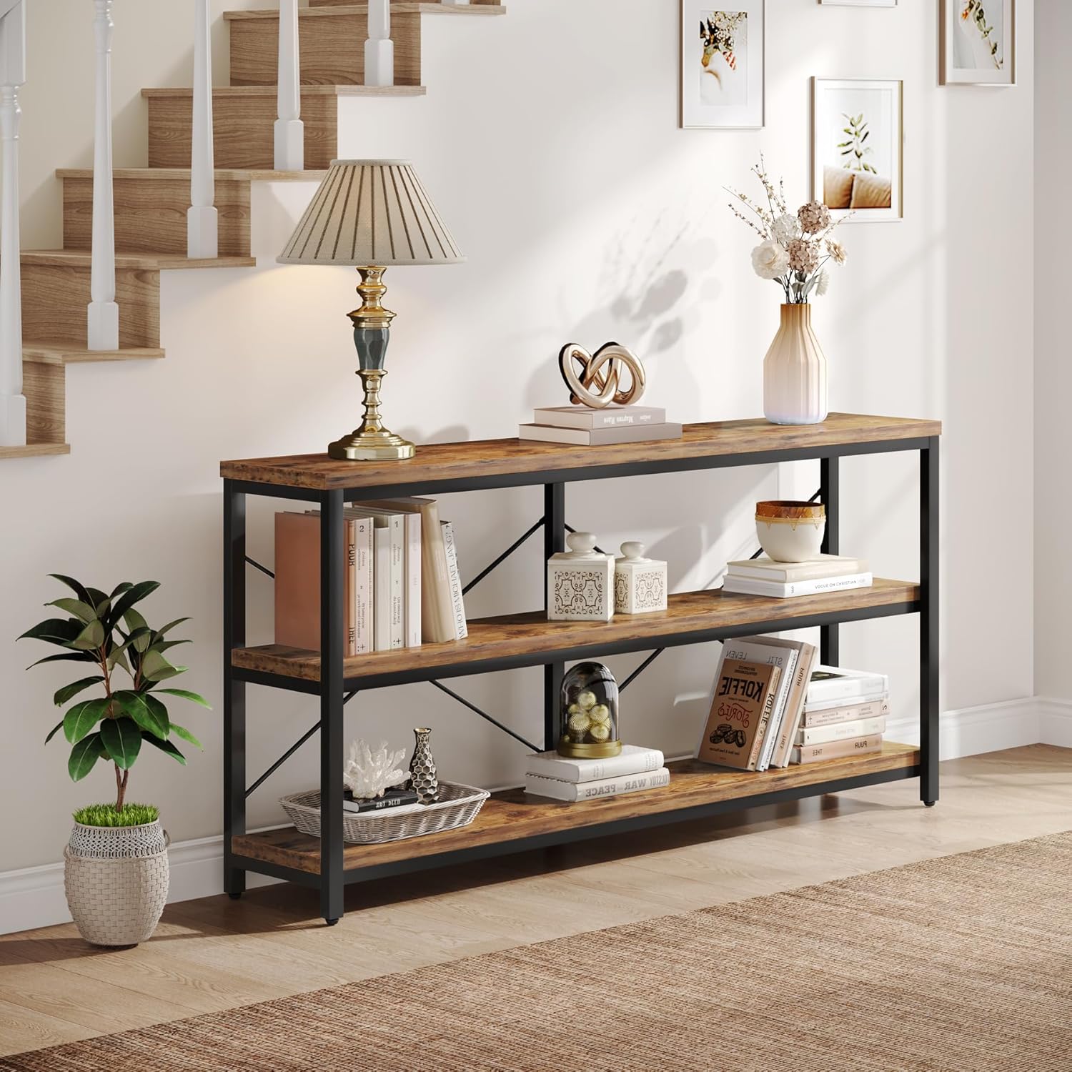 Tribesigns 55-Inch Industrial Sofa Table, 3-Tier Console Table with Metal Frame and Open Shelves, Modern Decorative Shelf, Open TV Shelf for Living Room, Entryway, Hallyway (Brown and Black)