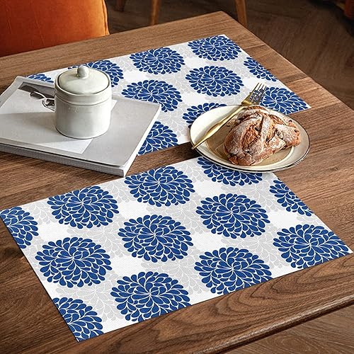 Miniatura 3 de Juego de 4 manteles individuales de flores azules, lavables, de PVC para mesa de cocina, diseño de hortensias de dibujo simple, diseño floral, gris,