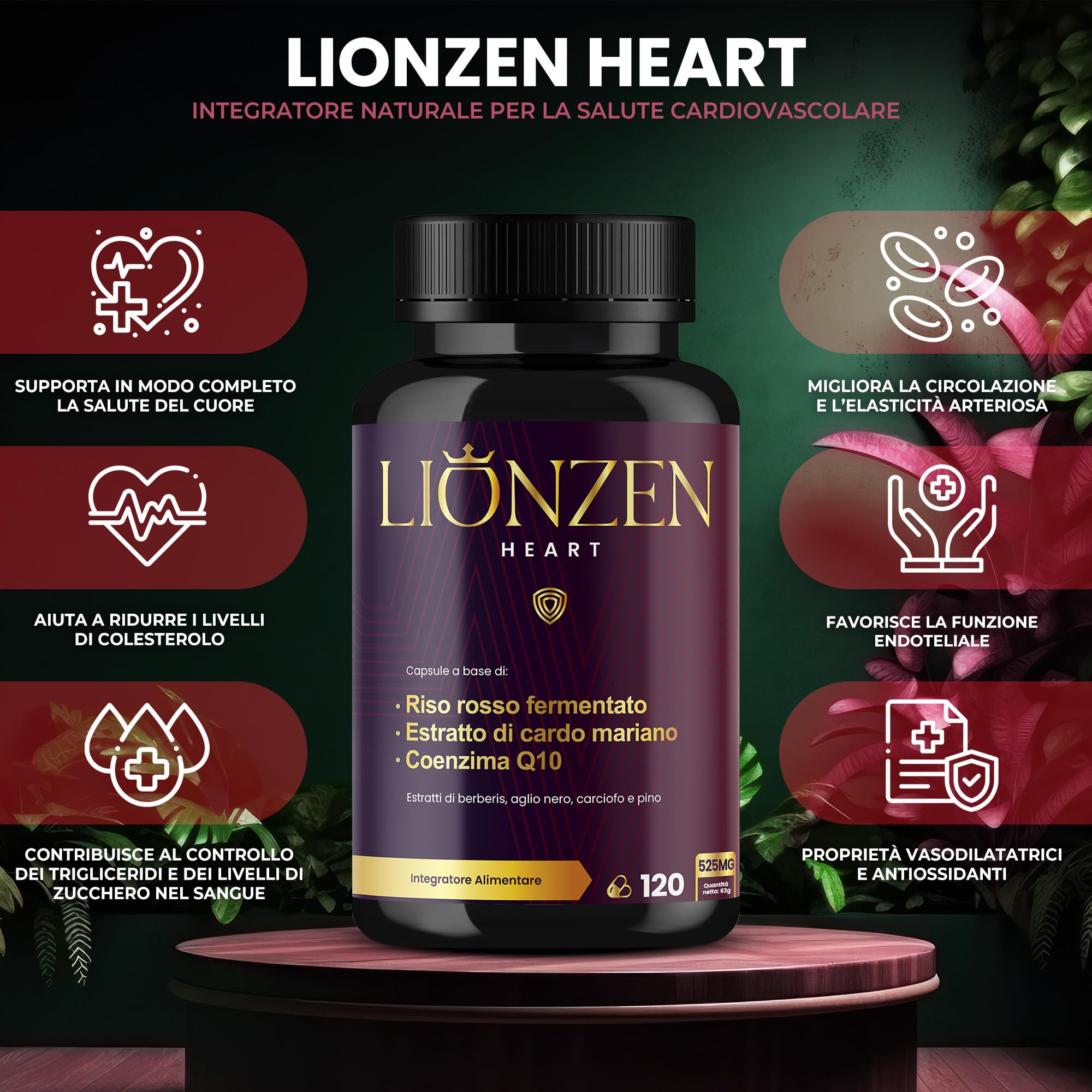 Riso Rosso Fermentato (2,99mg di Monacolina K) + Coenzima Q10, Cardo Mariano +10 Ingredienti | Berberina, Astaxantina, Policosanolo | Benessere Metabolico e Antiossidante | LIONZEN Heart