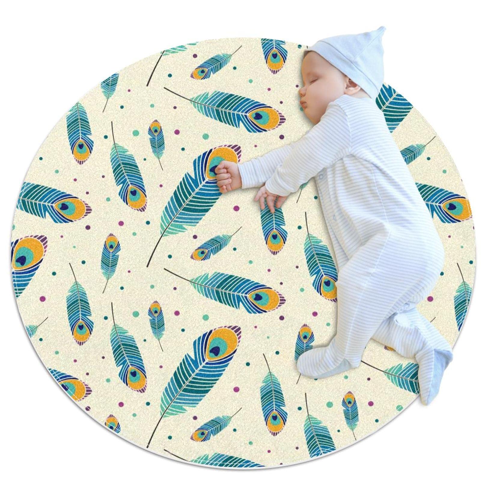 Tapis de salle de bain rond de 1m avec motif plumes de paon et revers antidérapant