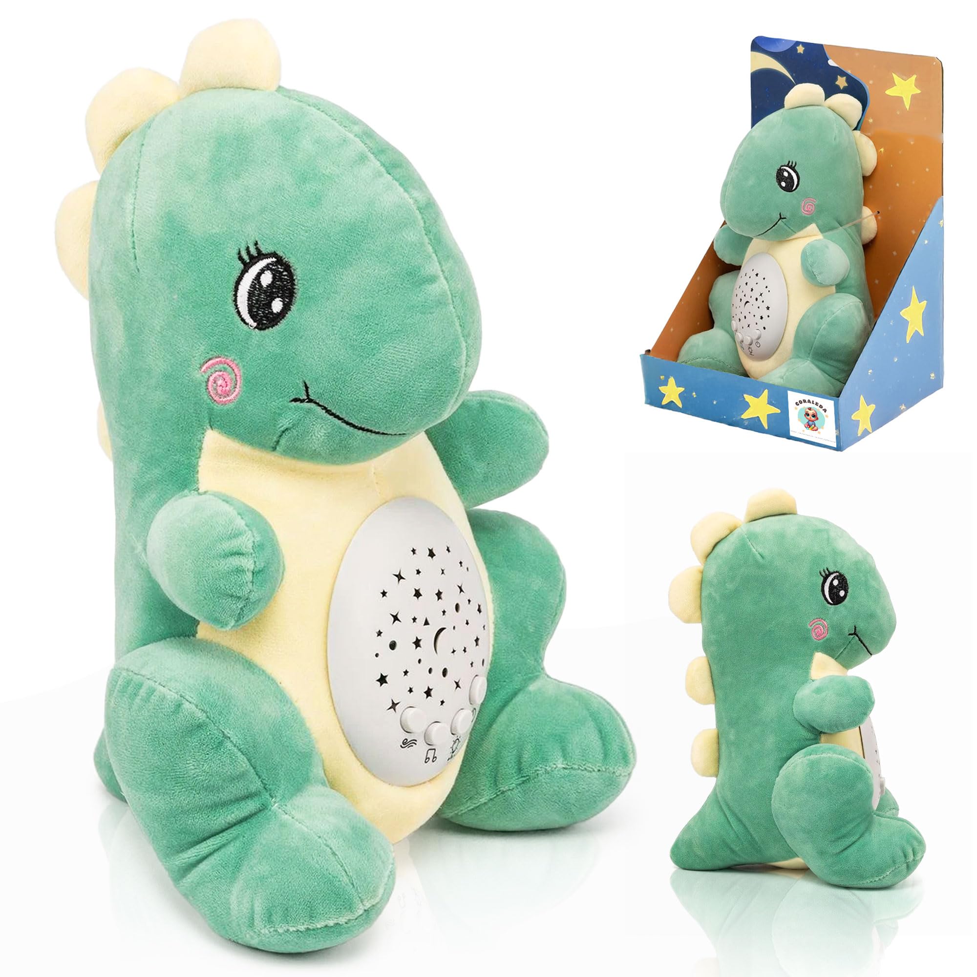 CORALEDA, Peluche de Dinosaurio para Bebes, muñeco Que proyecta Luces y Sonido, Juguetes Bebes 6-12 Meses, Música para Dormir al Bebe con Melodías Relajantes, Dormir al bebé, Regalo de Bautizo niño.