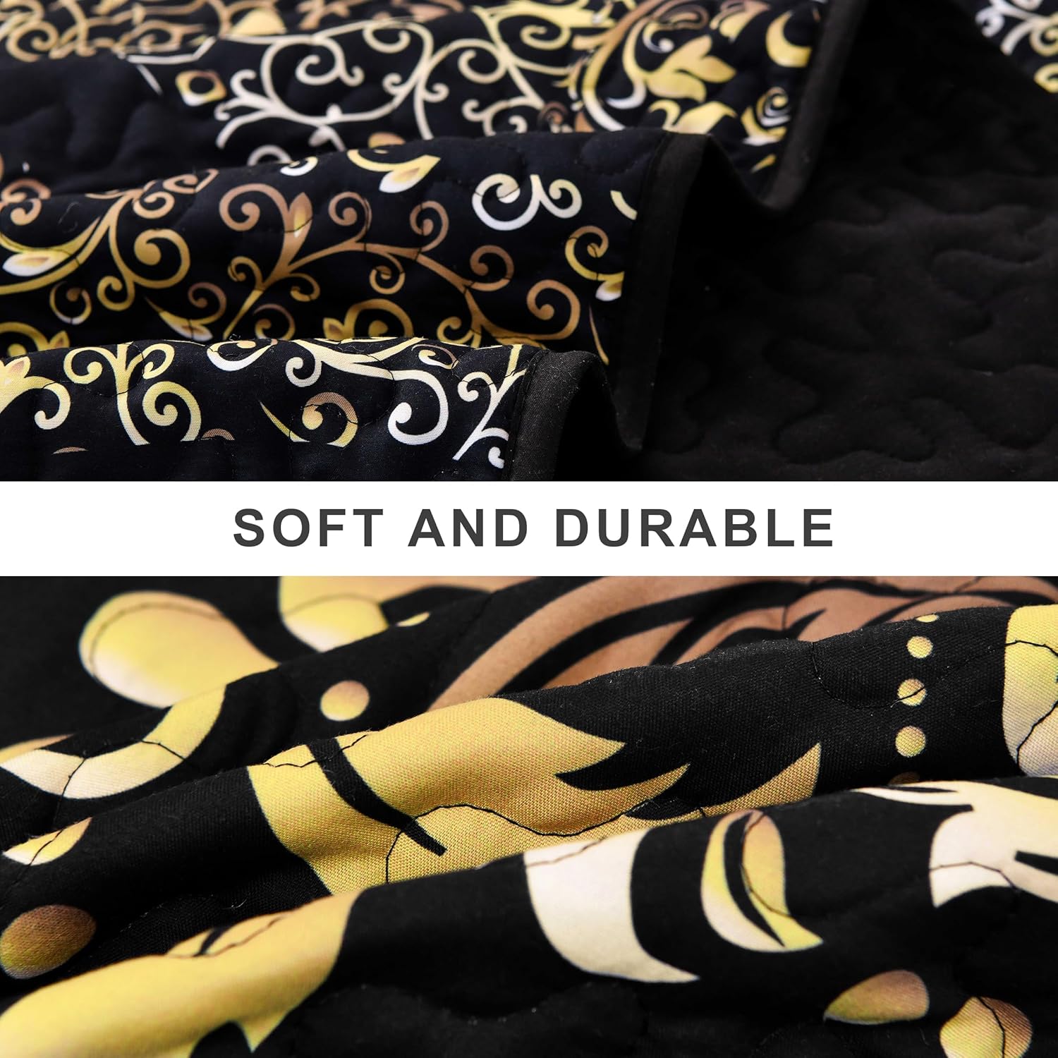 Black Quilt Set King Size, Boho Gold Damask Bedspread Coverlet Set Soft Lightweight Microfiber Bedding Set 3 Pieces for All Season (104"x90")