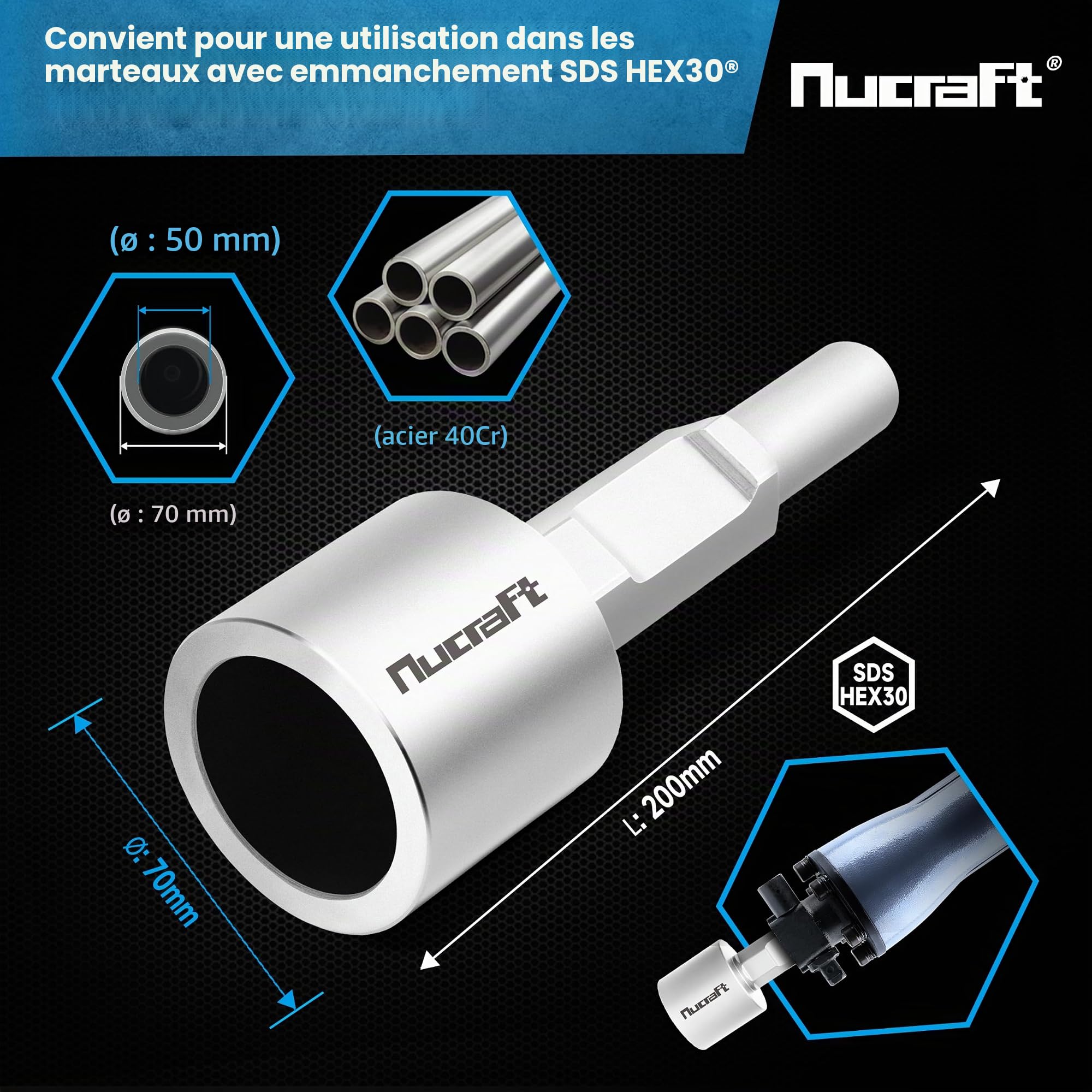Nucraft SDS HEX Jack Hammer Star/Picket post driver Pilote de pieux SDS HEX Piquet pour piquet en bois 50 x 70 x 200 mm