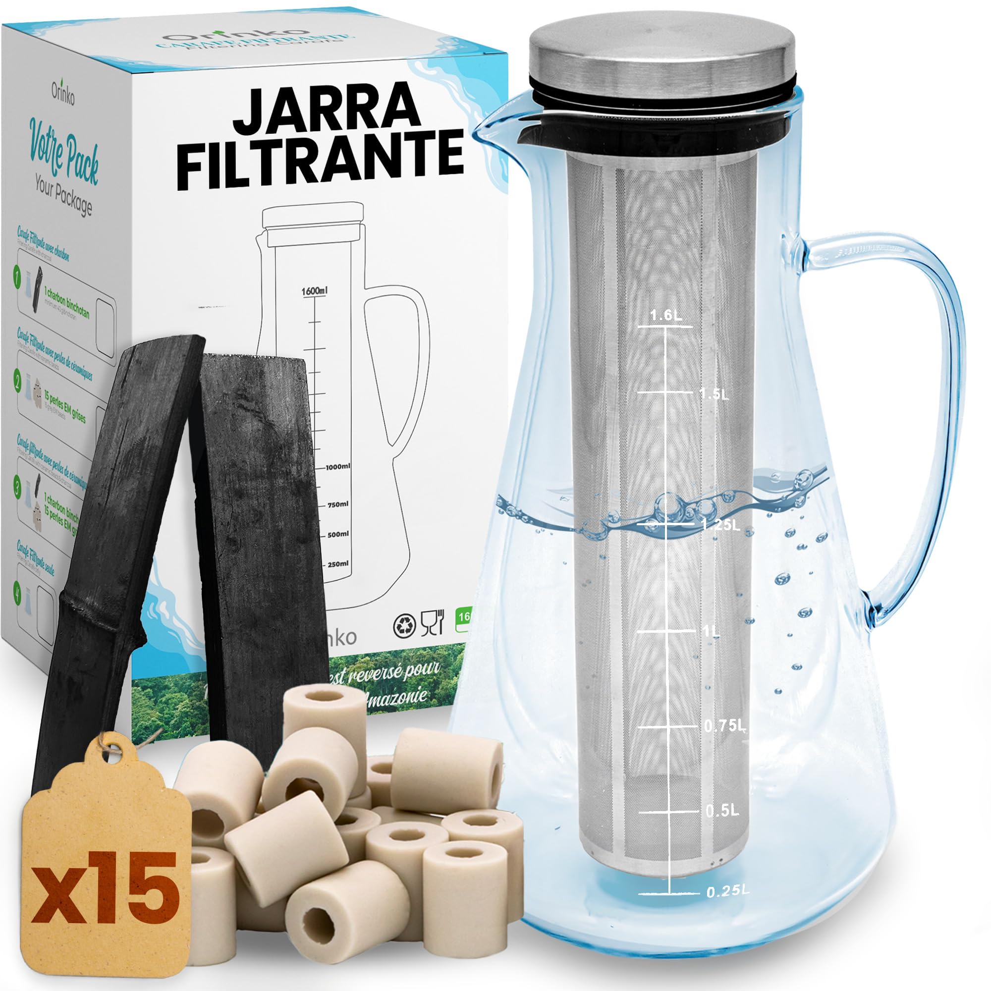 ORINKO Jarra filtrante de cristal 1,6 L + carbón Takesumi japonés x2 + perlas de cerámica EM® x15 - carbón activado vegetal para purificación natural agua - filtración natural potente 2,5 L/bastón