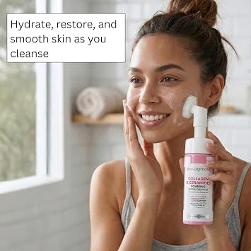SpaScriptions 2 in 1 Cleanse & Exfoliate Foaming Facial Cleanser - Collagen & Ceramides Face Wash with Silicone Brush for Dry Skin with Barrier Support with Peptides for Daily Cleansing, 5 oz