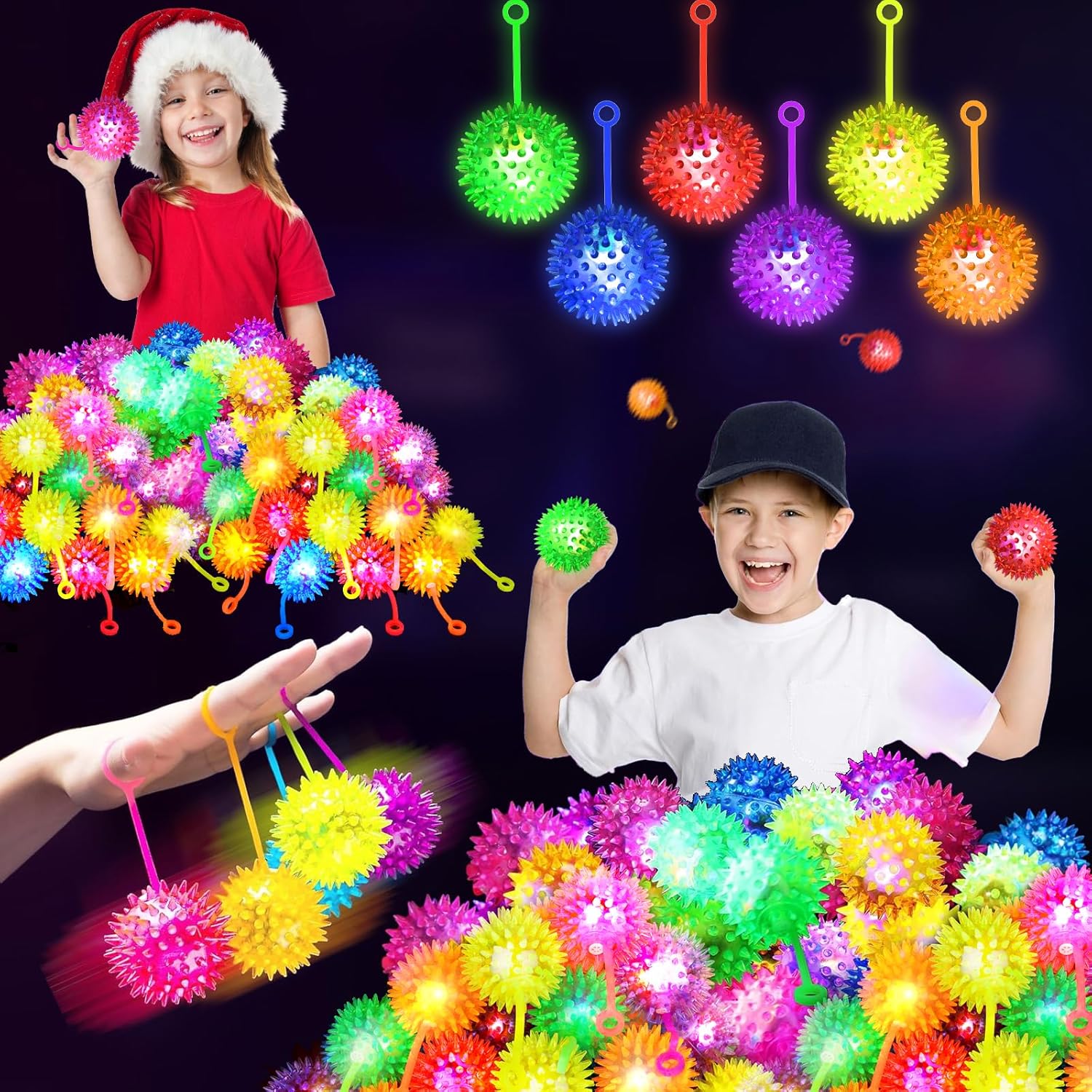 120PCS Light Up Ball, Bouncy Balls for Kids, 6 Colors LED Flashing Squeaky Ball, 2.2inch Light Up Toys, Fidget Sensory Toys, Glow in The Dark Party Favors for Teens, Adults, Children