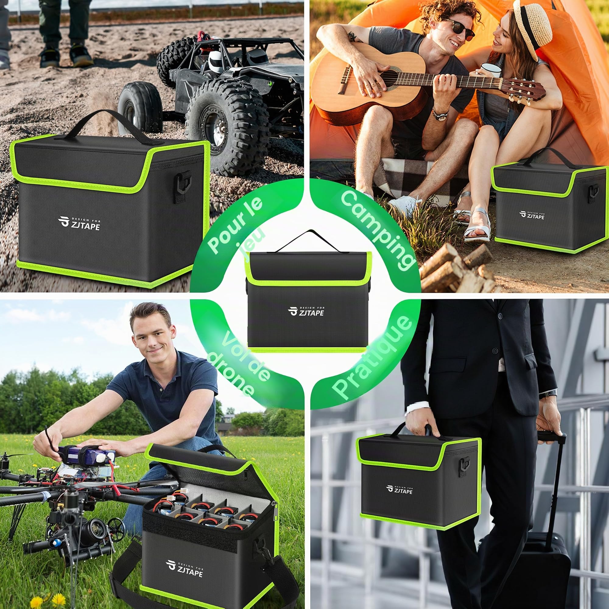 ZJTAPE Sac Lipo Sécurisé Ignifuge, Grand Espace de Stockage, Coffre-Fort, Sac de Batterie Réglable (Noir, Vert)