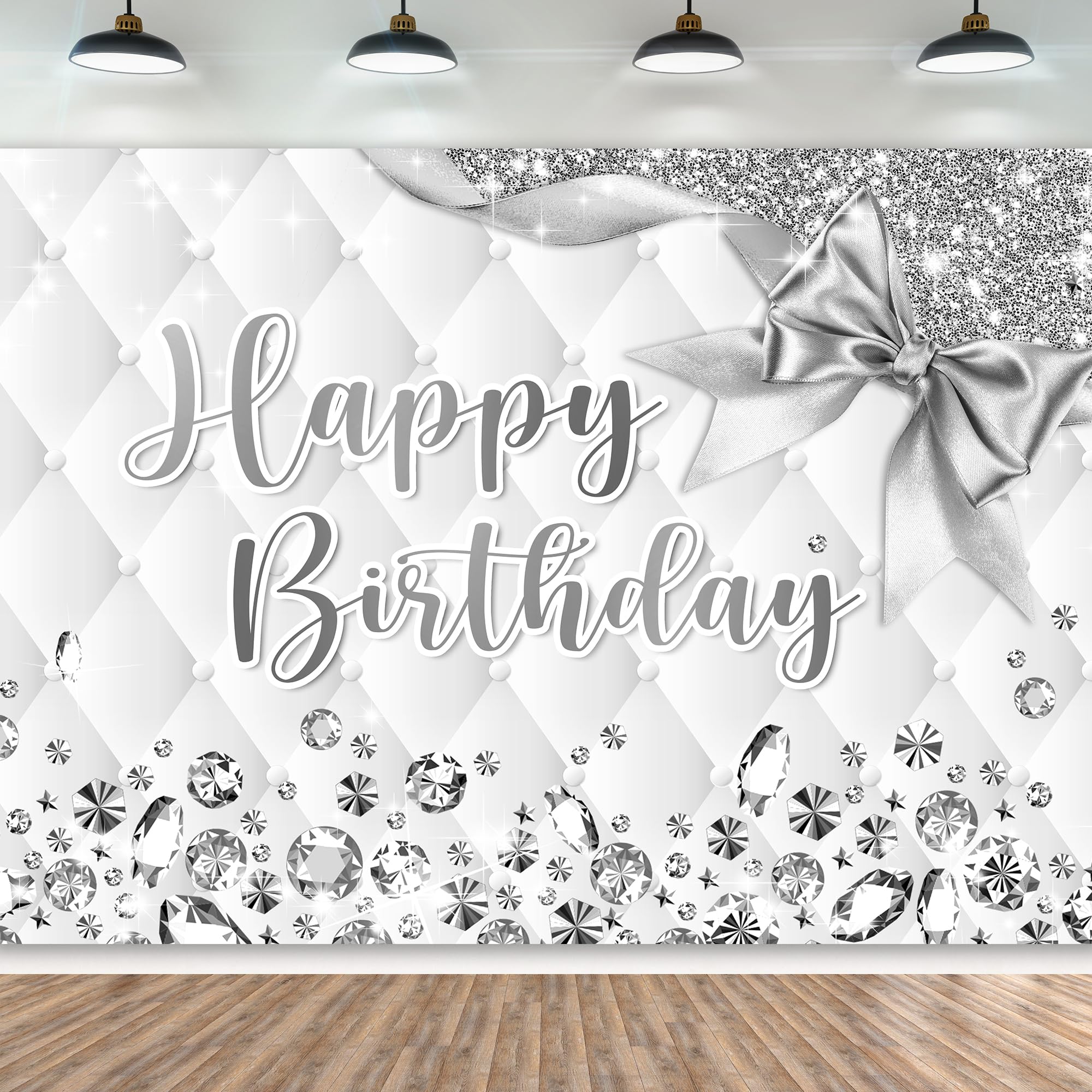 Newsely White and Silver Birthday Backdrop 7Wx5H Photography Happy Birthday Backdrop for Girls Women Diamonds Modern Luxury Elegant Bday Background