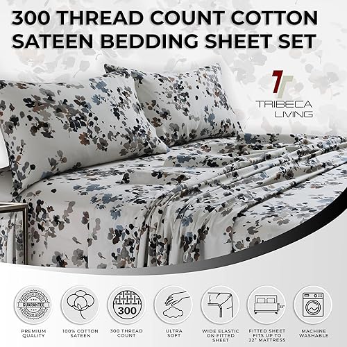 Miniatura 2 de Tribeca Living Colmar - juego de sábanas de algodón de 300 hilos, extra profundo, estampado, Algodón satén, Gris LisboaMulti, King