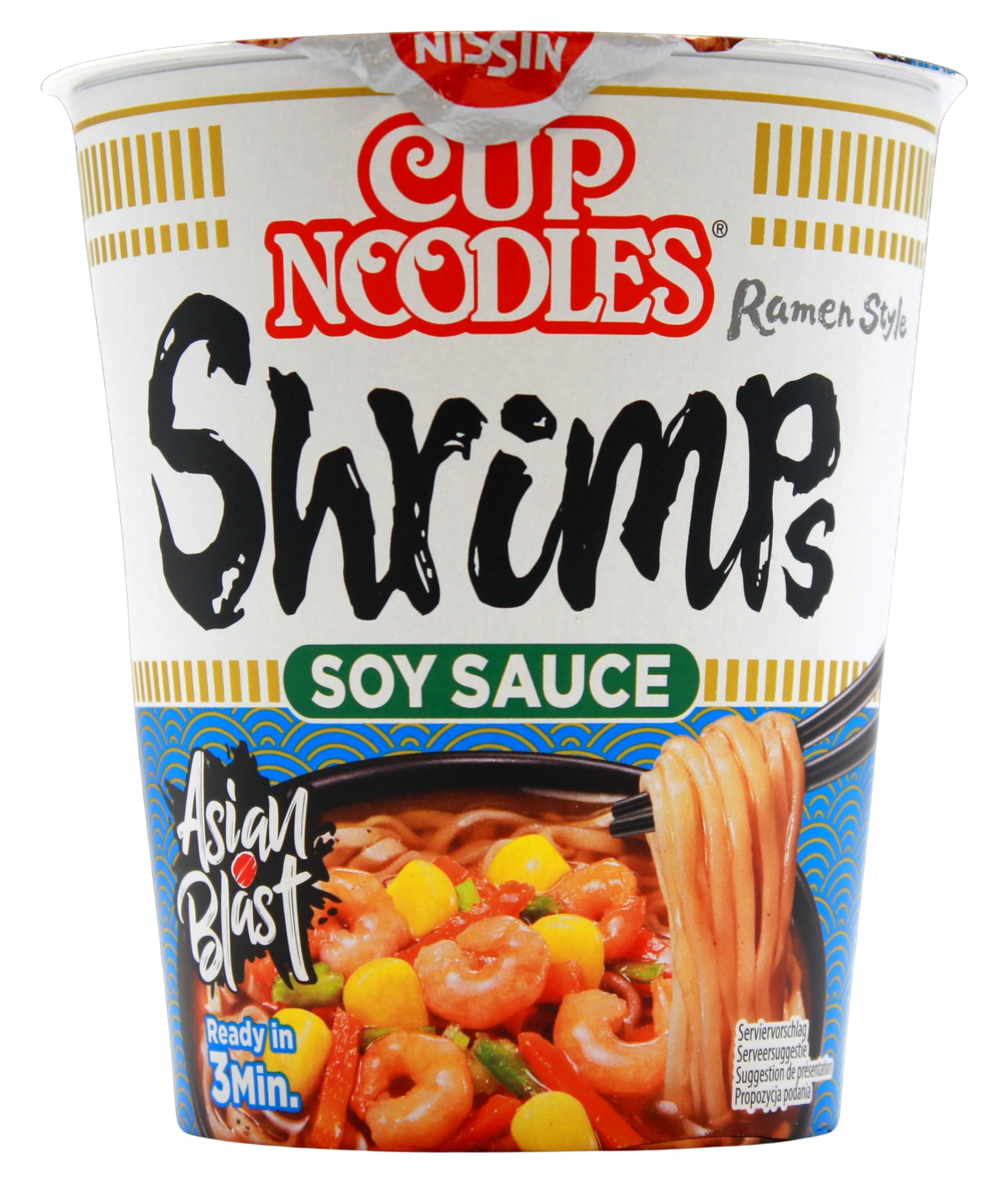 Nissin Cup Noodles – Soy Sauce Shrimps, 8er Pack, Soup Style Instant-Nudeln japanischer Art, mit Schrimp-Geschmack, Soja Sauce & Gemüse, schnell im Becher zubereitet, asiatisches Essen (8 x 63 g)