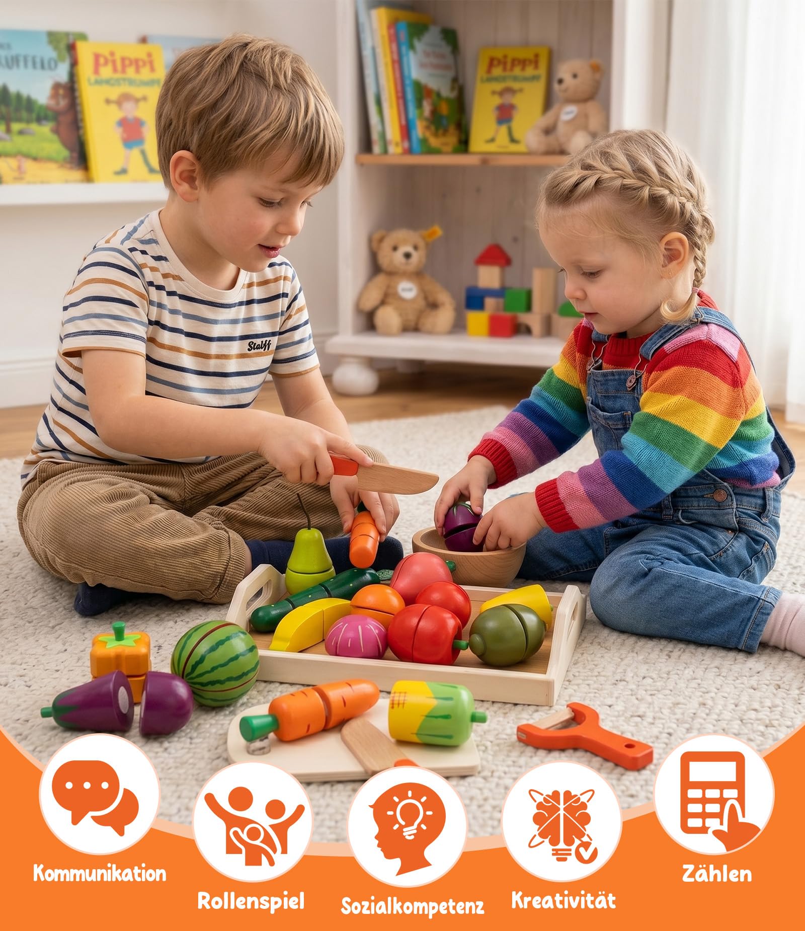 KidMigo Kinderküche Zubehör, Kinderküche Holz, 19 Artikel, 35 Stück Schneidespielzeug mit Serviertablett, Küchenspielzeug mit Leinwand-Aufbewahrungstasche, Holzspielzeug 2 Jahre