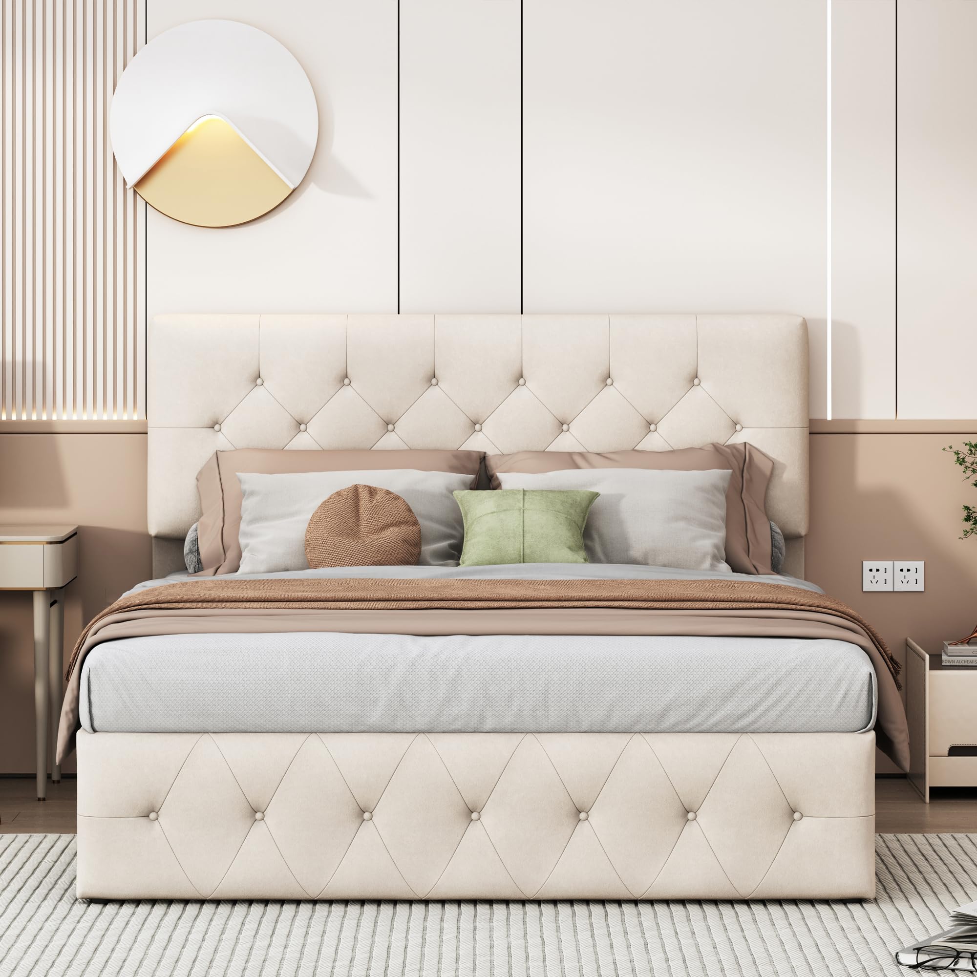 Letto imbottito140x200cm, letto matrimoniale con contenitore idraulico e testiera regolabile, Moderno Letto una piazza e mezza con vano portaoggetti, senza materasso