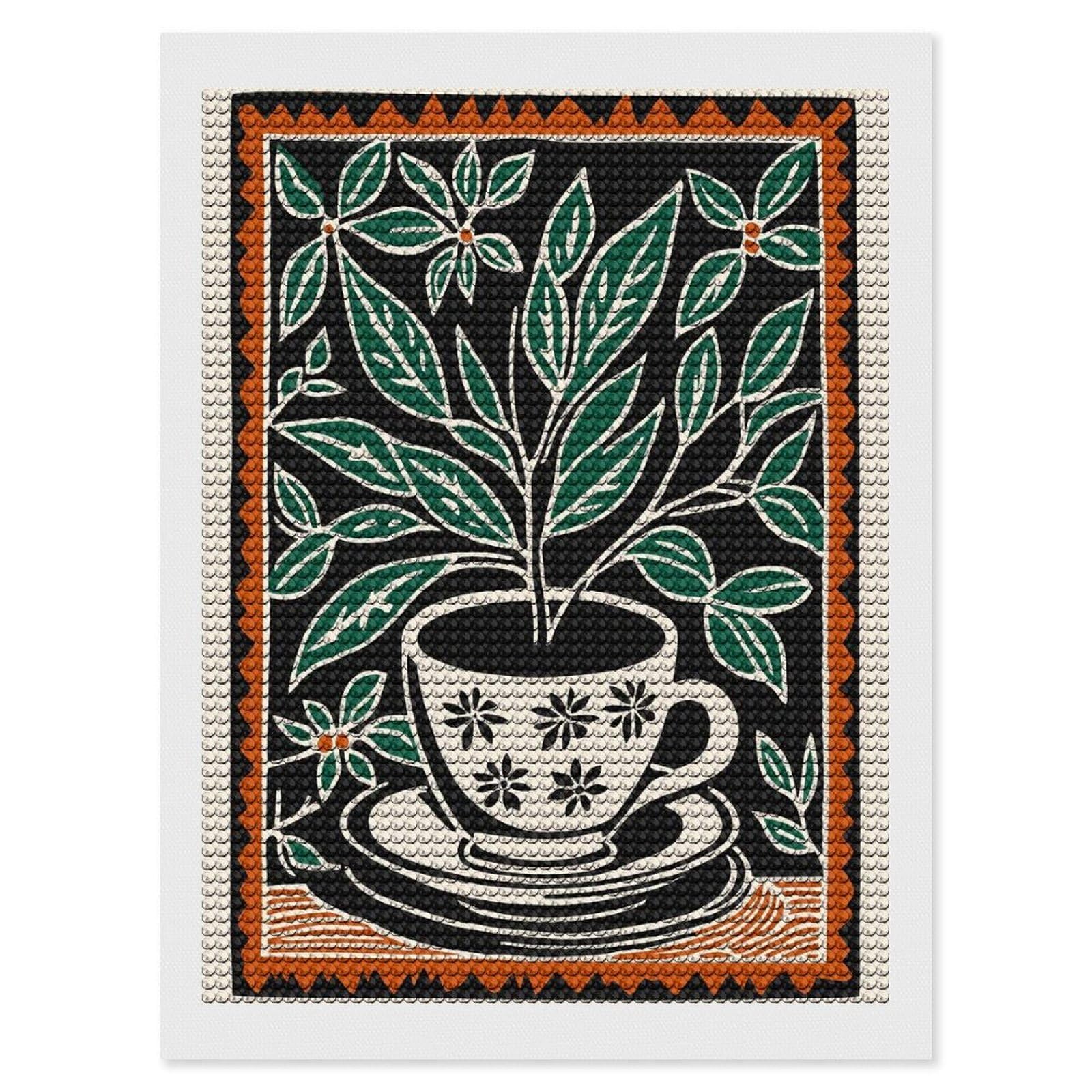 Junmoney Teacup Plant Illustration Diamond Painting Set 12"x16", Holiday Gift Idea, for Creative Relaxation, Fun Craft Experience, Vintage Style Decor