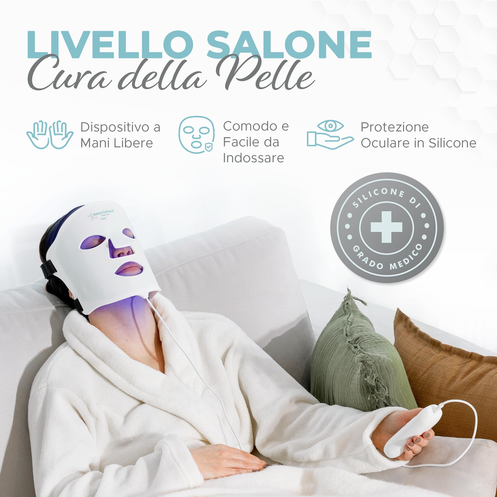 Nourished Bodynskin Maschera LED per il Viso a 7 Colori con Infrarossi Vicini - Terapia della Luce Blu, Rossa per il Viso - 456 LED - Strumento per la Cura della Pelle contro le Rughe, Anti-Età