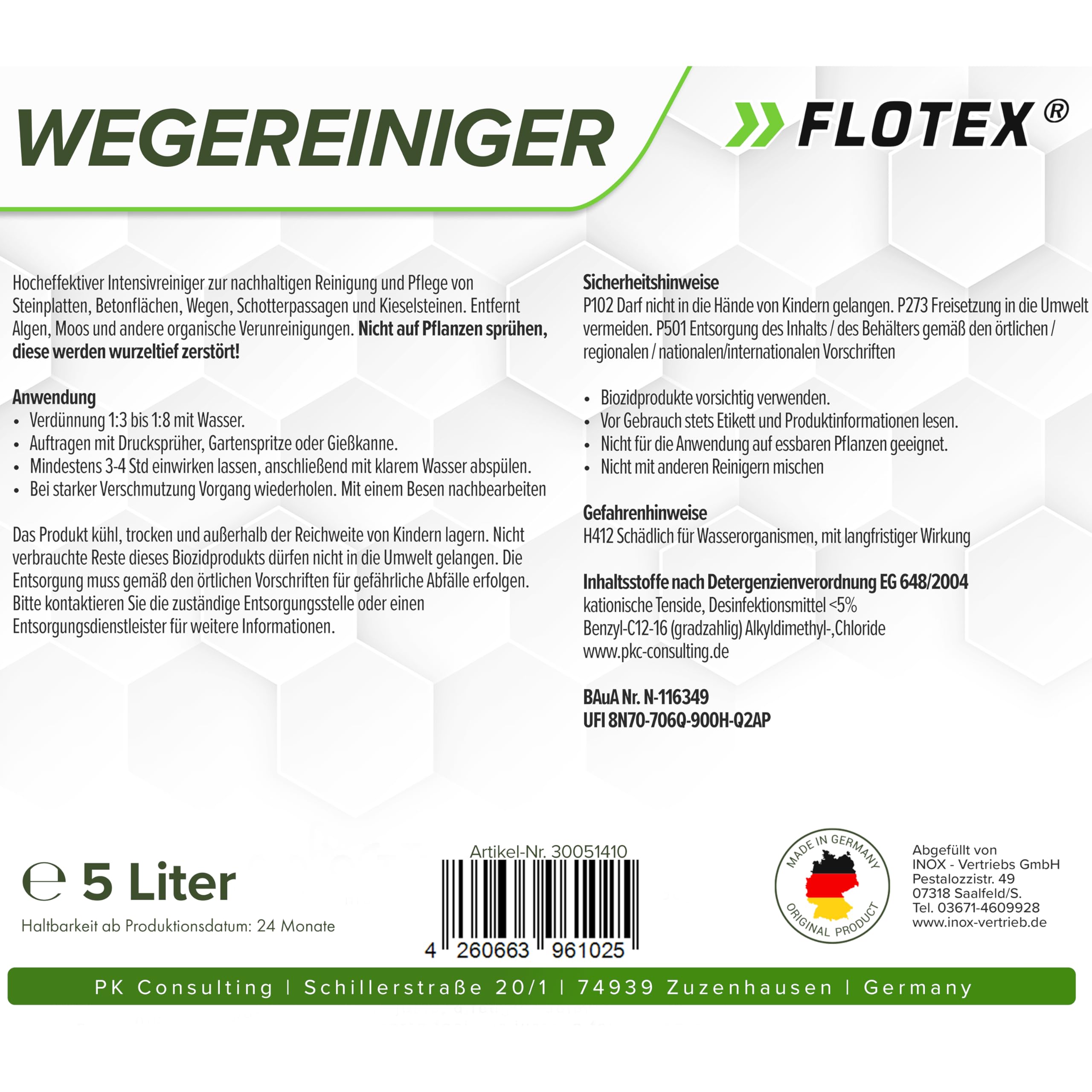 Hocheffektiver Wegerein 1x5 Liter | Steinreiniger Intensiv Aussen entfernt starke Verschmutzungen | Flechtenentferner für Pflastersteine, Terrassenplatten & Beton | Made in Germany