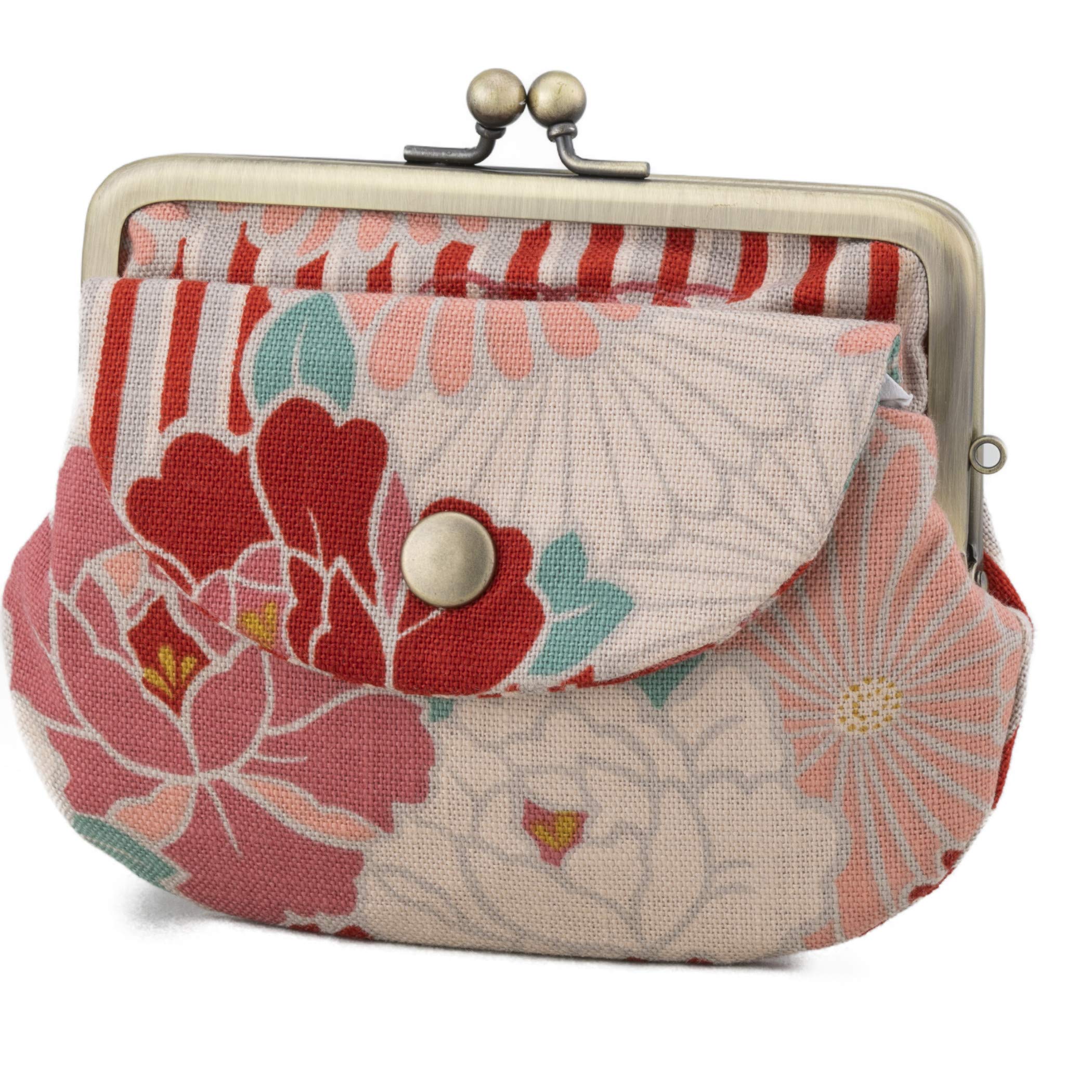 Vintage Floral Kiss Lock Coin Change Wallet Purses/Made in Japan Pouch for Women, Retro Flower - Red