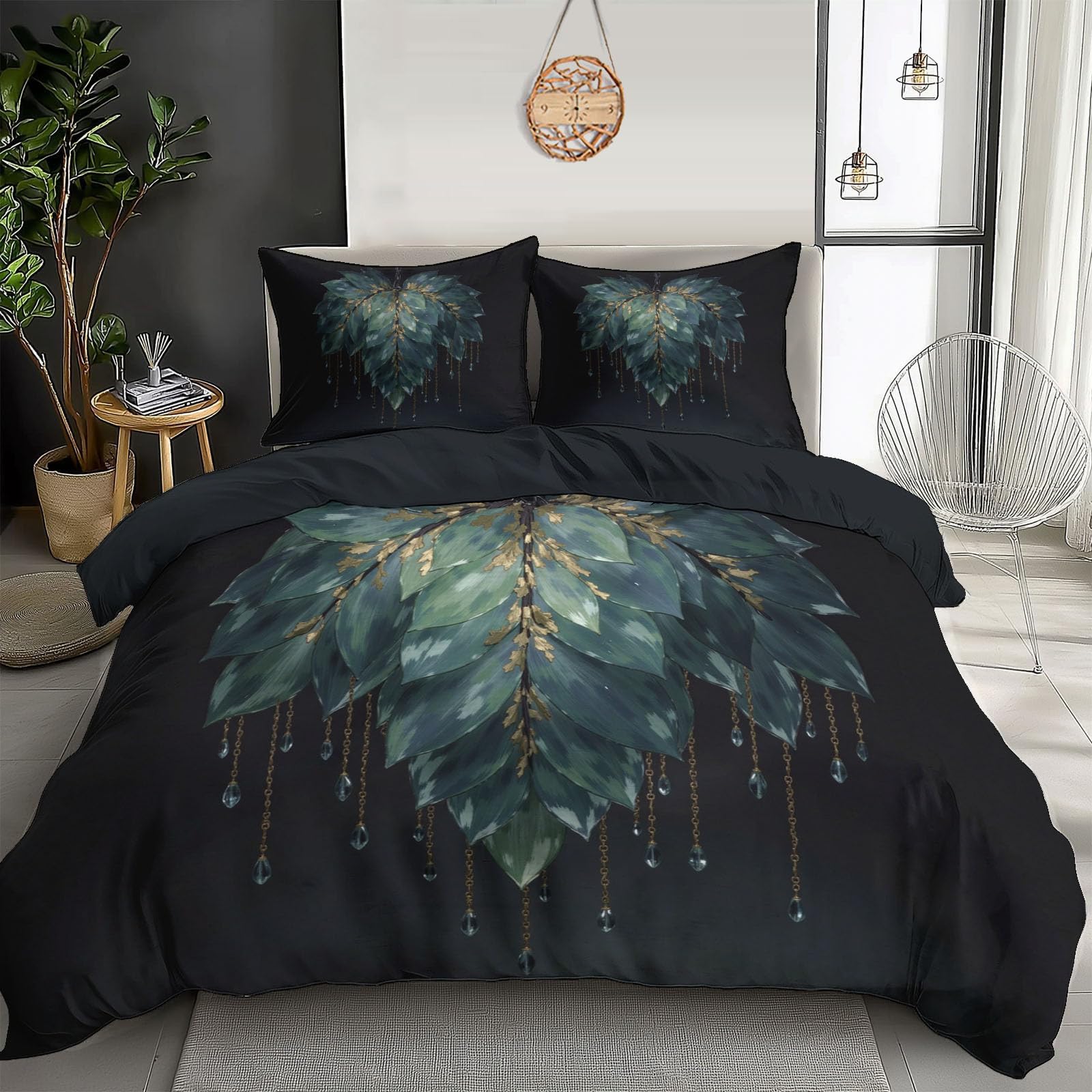 Parure de lit luxe 240x260cm pierres précieuses et feuilles en satin