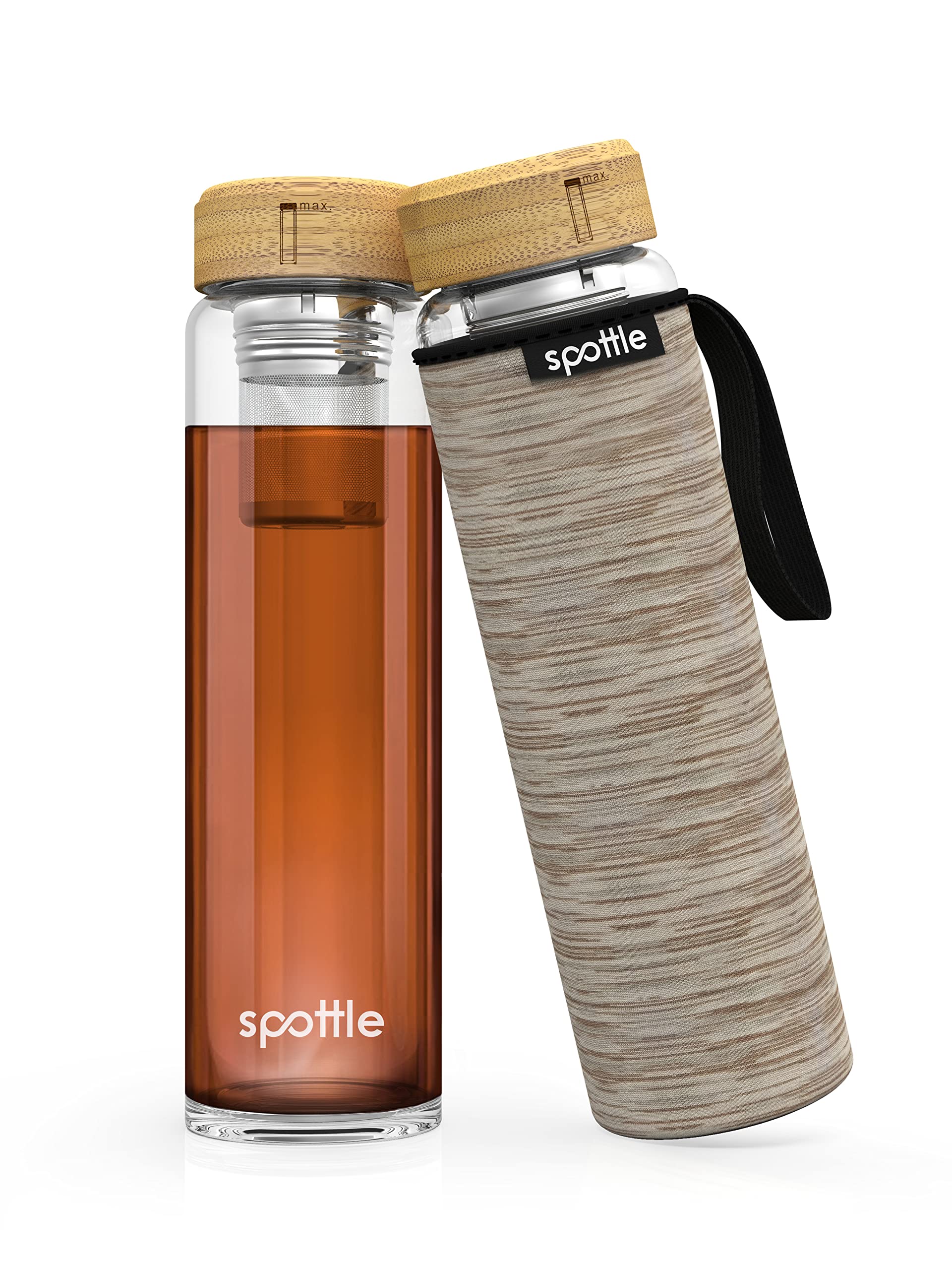 spottle Botella de Agua y Té Vidrio 1L con Infusor Acero Inoxidable | Borosilicato Doble Pared, Funda Neopreno, Apta Lavavajillas y Todo Tipo Bebidas