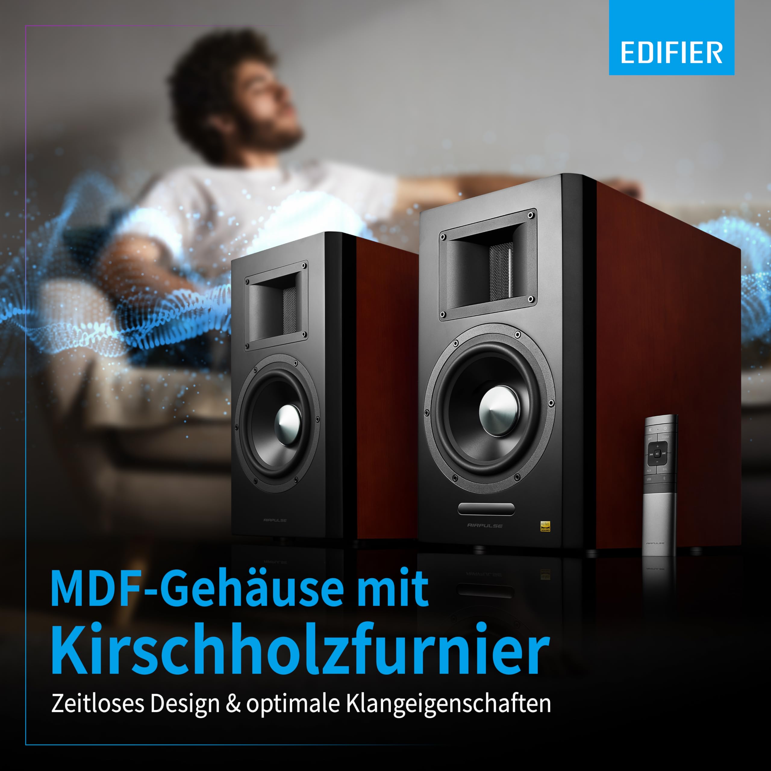 EDIFIER AIRPULSE A300 - 2.0 Studiomonitore (160W) mit Bluetooth V5.0 (aptX), Bändchen-Hornhochtöner für präzise und klarste Höhen, vielseitige Anschlussmöglichkeiten, inkl. Fernbedienung