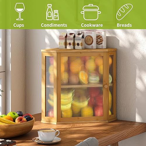 Miniatura 6 de BMOSU Panera de esquina para encimera de cocina, doble capa, caja de pan de madera de bambú de gran capacidad (natural, extragrande)