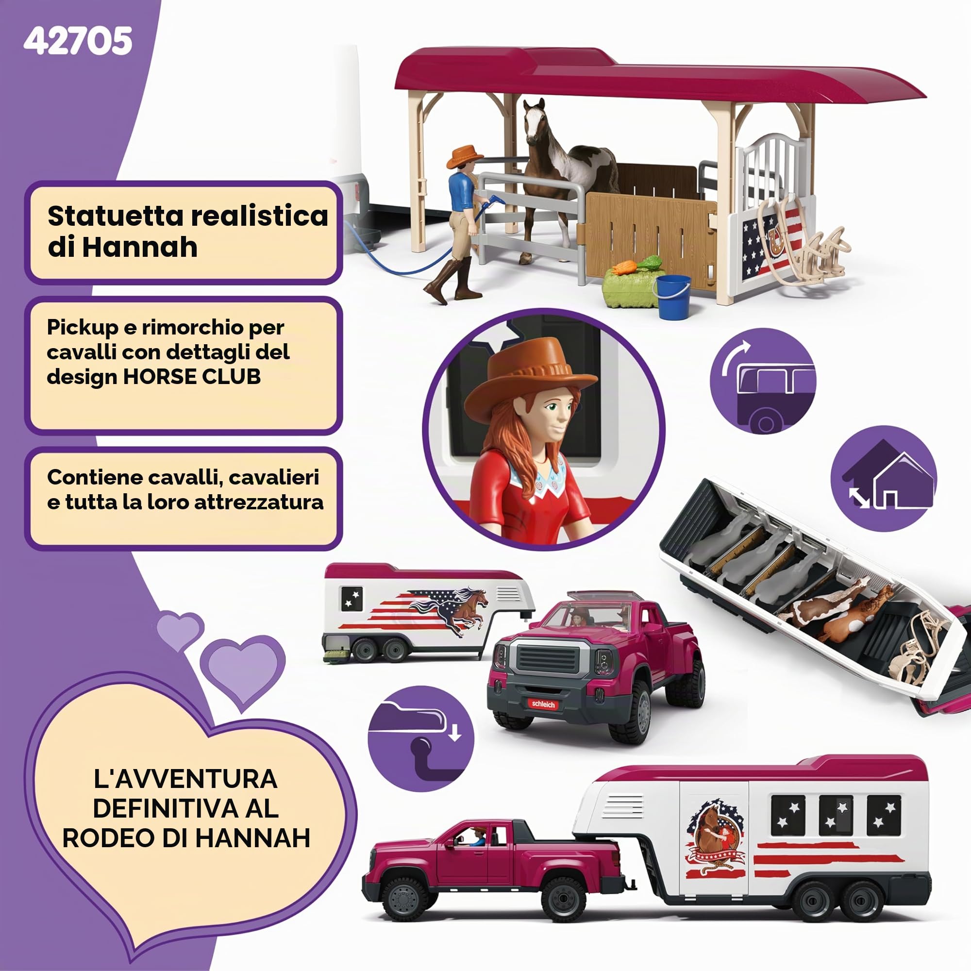schleich Horse Club | Camion Lakeside con rimorchio 42705 | dai 5 Anni | Set con camion, rimorchio, cavalli, personaggi e accessori | gioco a tema cavalli e regalo per bambini dai 5 anni | set da 11
