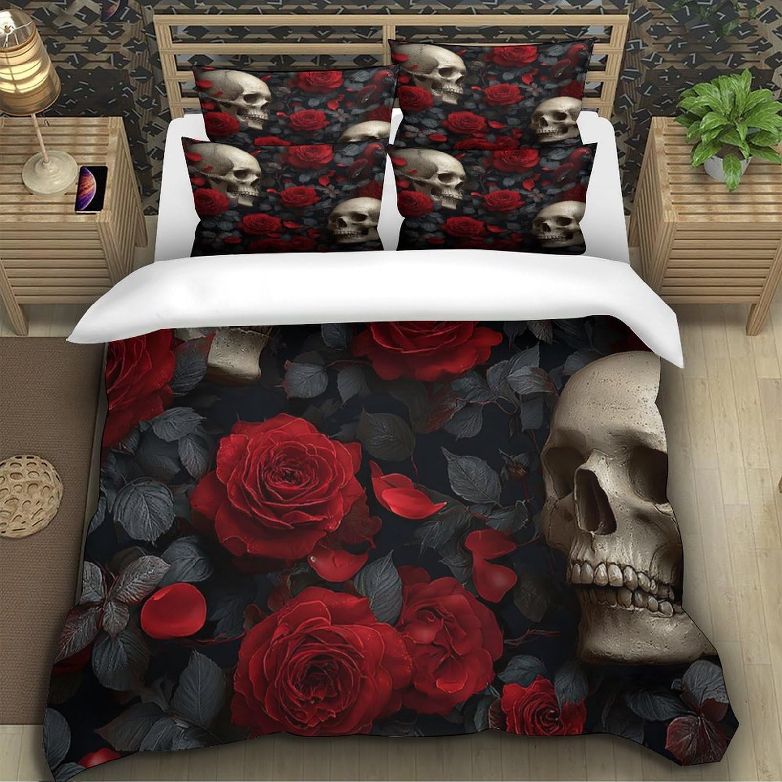 Rose skulls Ensemble De Literie Résistante Microfibre résistante 3 Pièces 3D Effet Gothic floral design Linge de Lit avec Taie d'oreiller Hypoallergique for Chambre de garçons King（220x240cm）