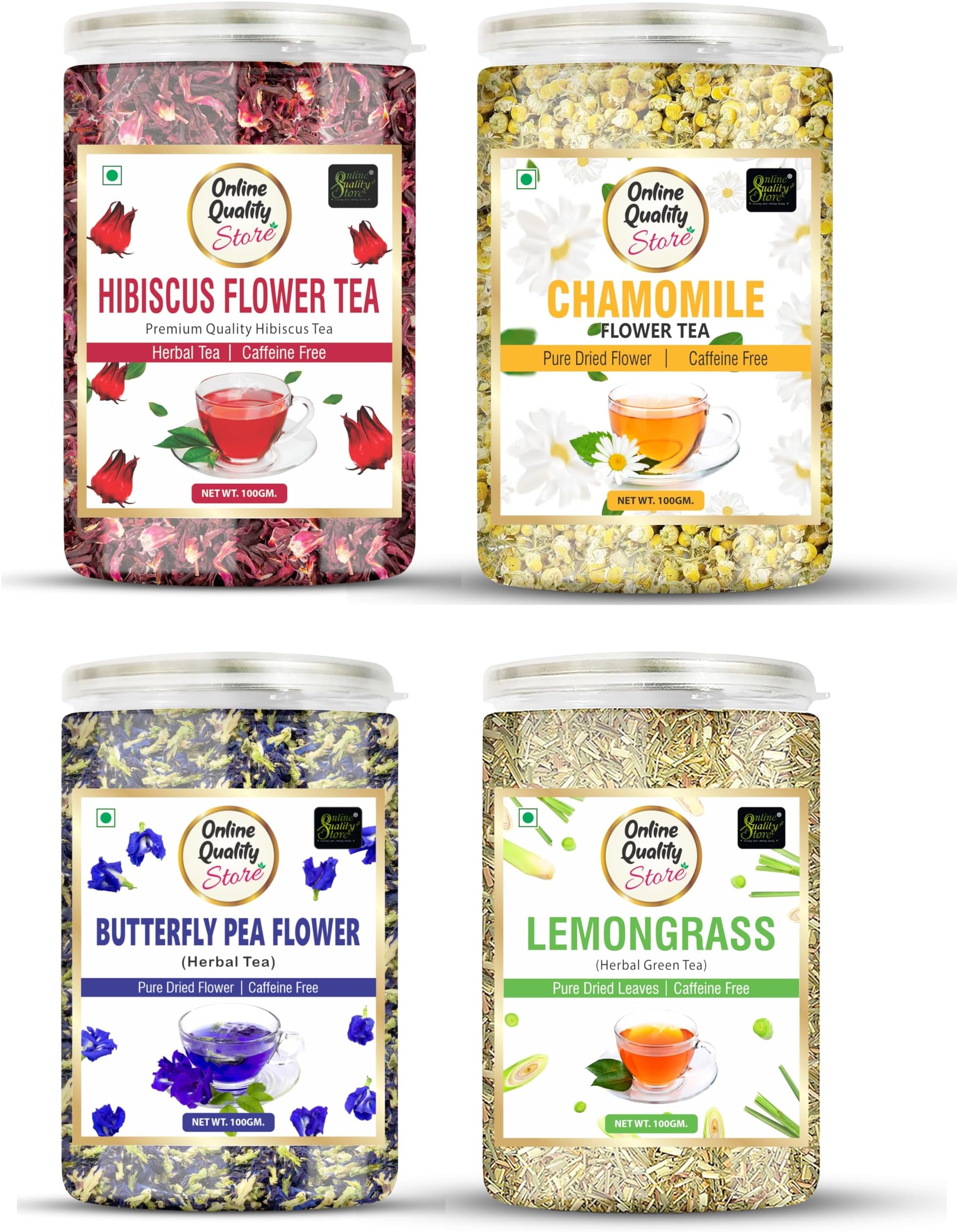 Online Quality Store Hibiscus Flower Tea, Butterfly Pea, Chamomile, Lemongrass - 100gm Each (4 X 100 gm) Total 400 gm