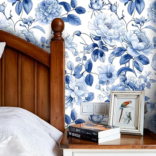 Miniatura 6 de Papel tapiz azul vintage elegante floral autoadhesivo para despegar y pegar, papel de contacto con hojas de peonía botánicas de acuarela blanca