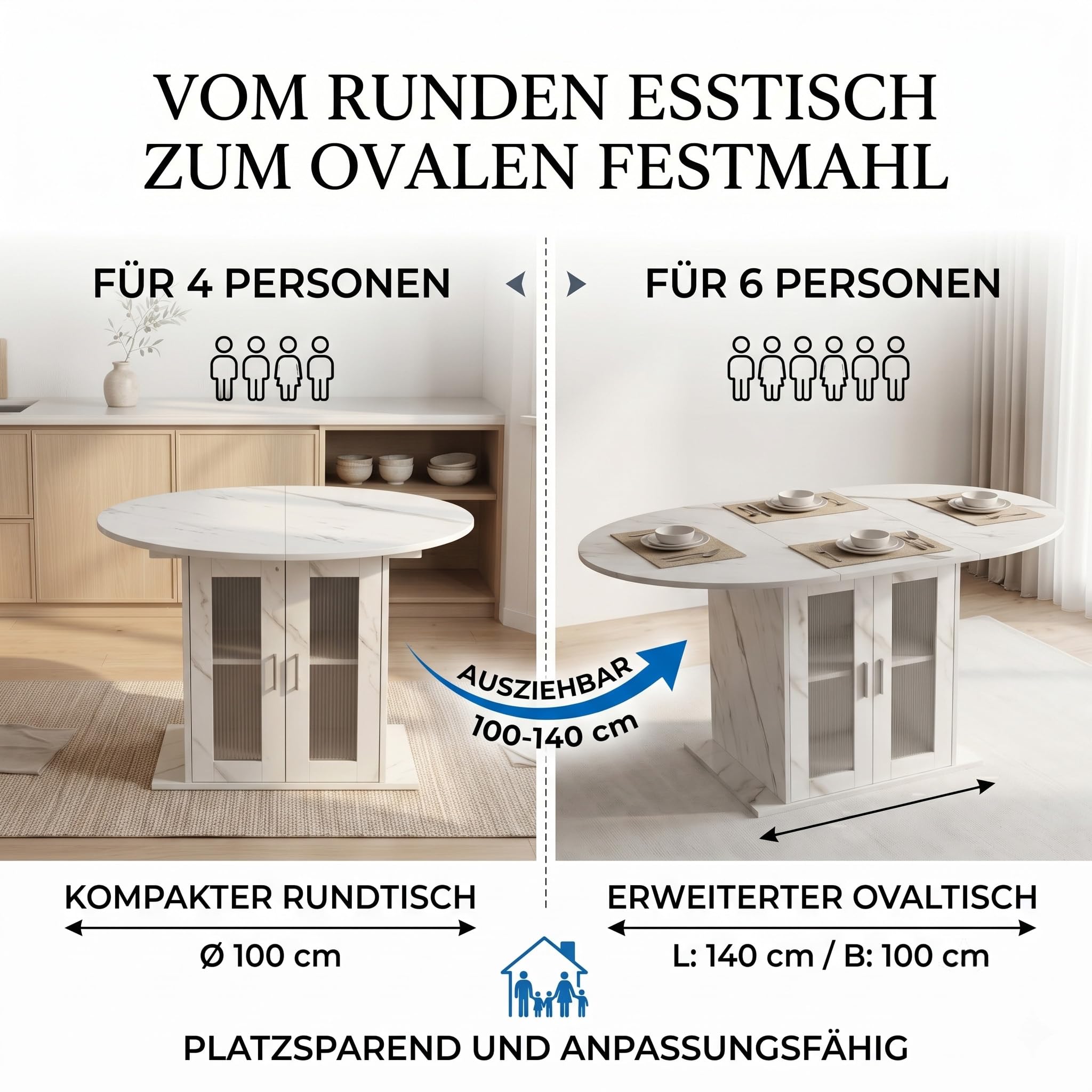 Stół do jadalni, okrągły, wysuwany, 100-140 cm, stół kuchenny z drewna z miejscem do przechowywania