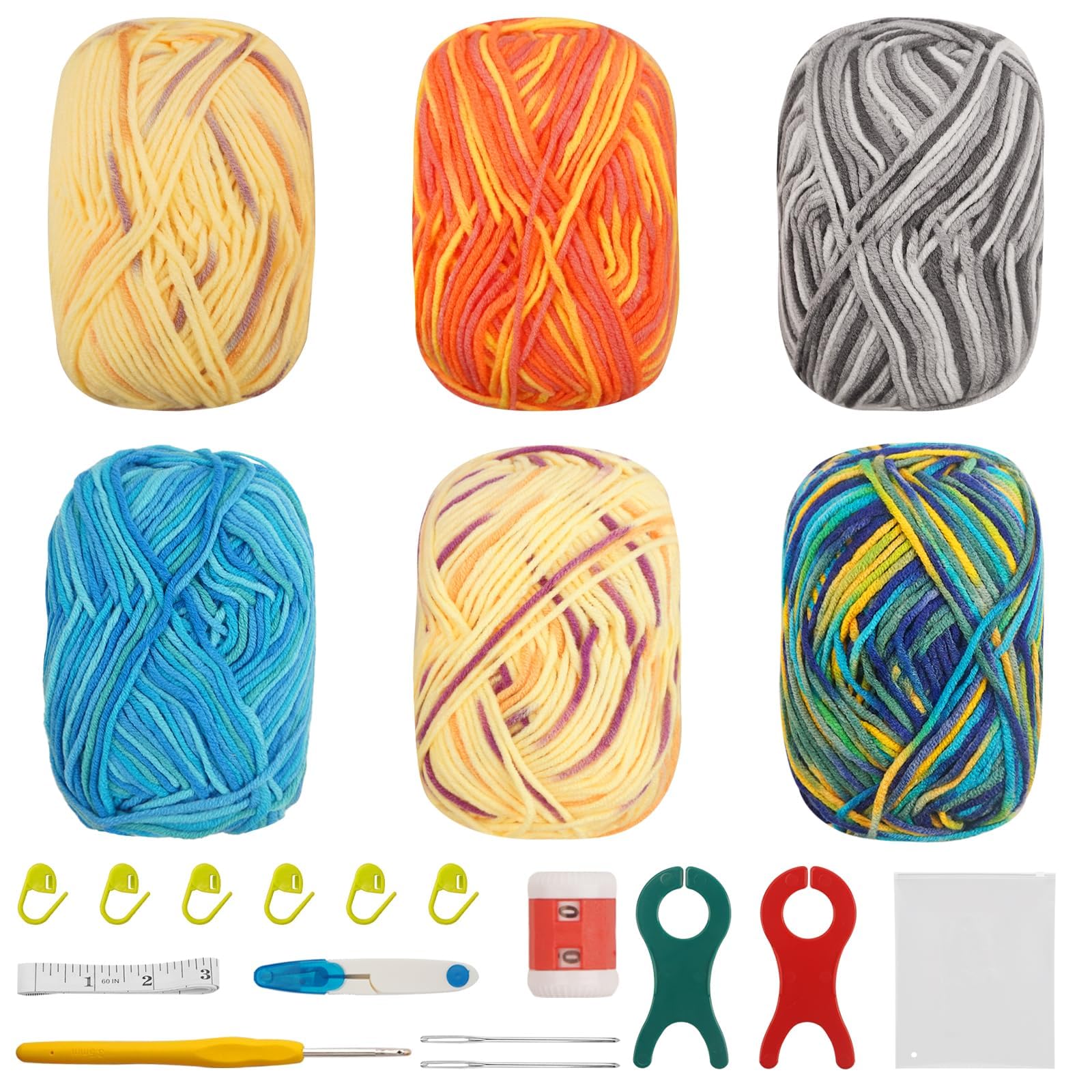FALSKT Crochet Yarn Assorted Double Knitting Wool 6X50g Multicoloured Acrylic Yarn Crochet Wool with Crochet Hooks Stitch Markers for DIY Amigurumi Craft Blankets Shawls Socks Dolls（5-Ply）