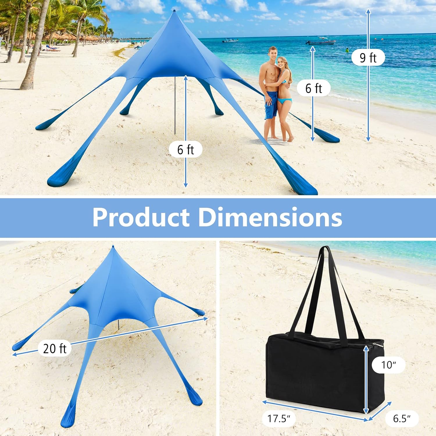 Tangkula Beach Canopy Tent, UPF50+ Beach Sun Shade with Sand Shovel, 6 Ground Pegs, 6 Sandbags, Supporting Pole, Carry Bag, Pop Up Beach Sun Shelter for Camping, Fishing, Trip