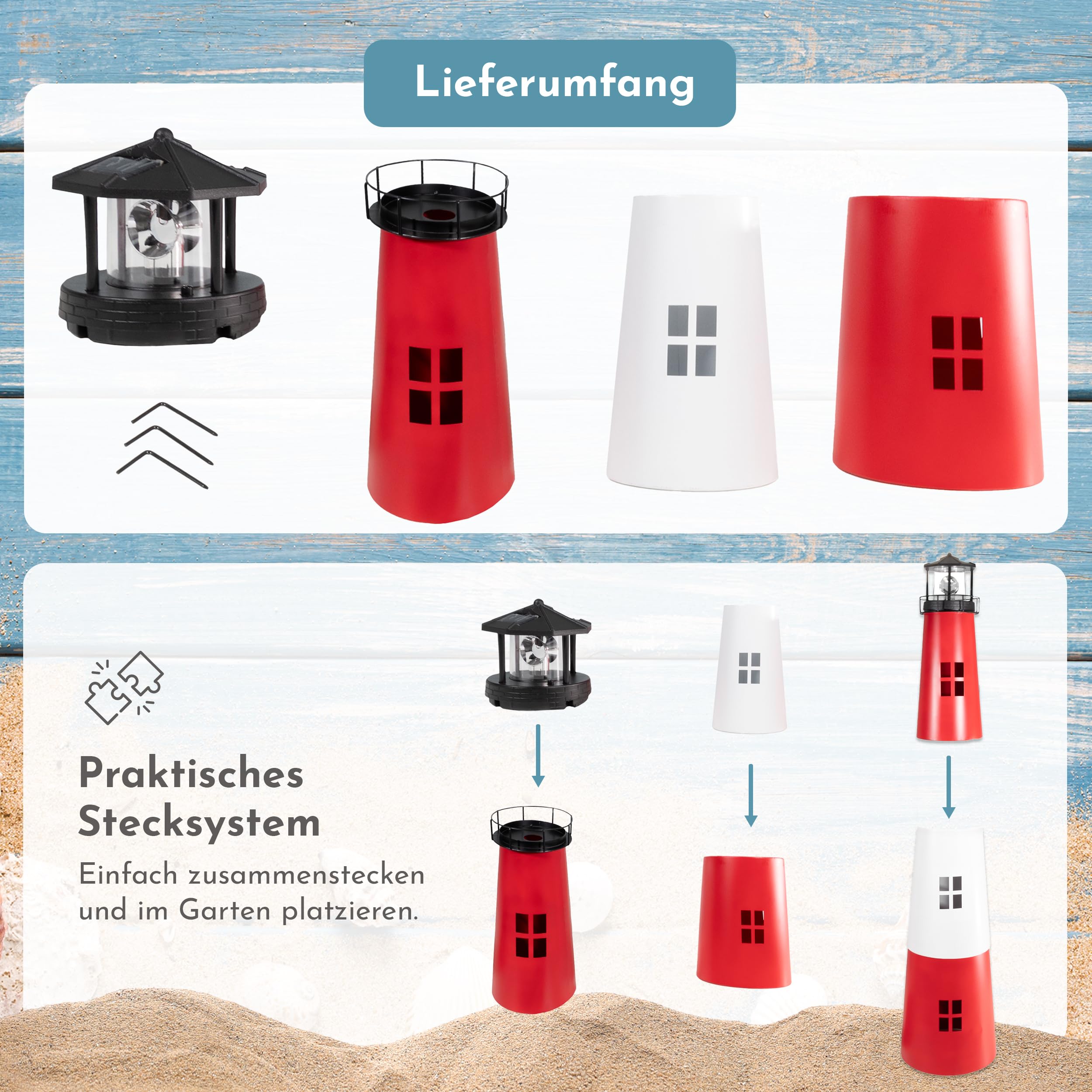 LEMODO Gartendeko Leuchtturm, Dekoleuchte für den Garten mit solarbetriebenem, rotierendem Leuchtfeuer, 120 cm hoch, aus Metall, Maritime Außendeko mit LED-Beleuchtung