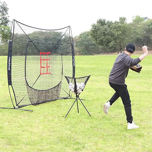 Miniatura 8 de Red de práctica de béisbol y softbol de 7 x 7 pies, portátil, para bateo, lanzamiento, bateo, red de entrenamiento de béisbol con camiseta de bateo,