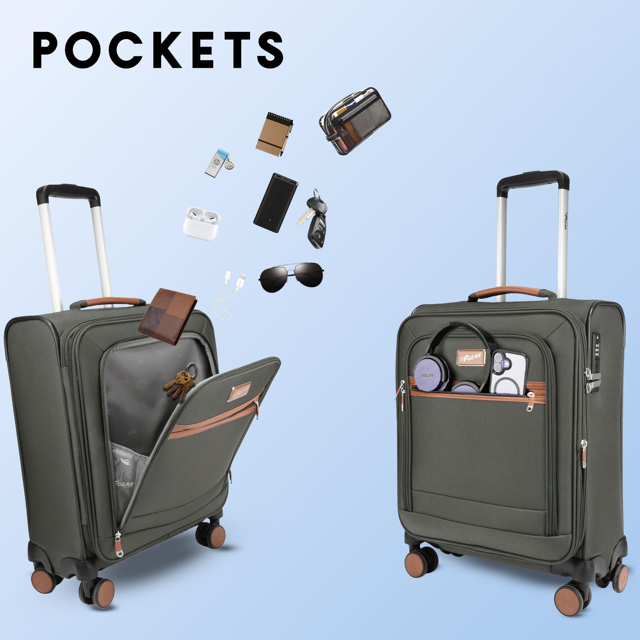F Gear Softair - Trolley da cabina piccolo, leggero, espandibile, con ruote girevoli a 360°, sistema silenzioso a 8 ruote, serratura TSA integrata, cerniera antifurto ed etichetta per bagagli
