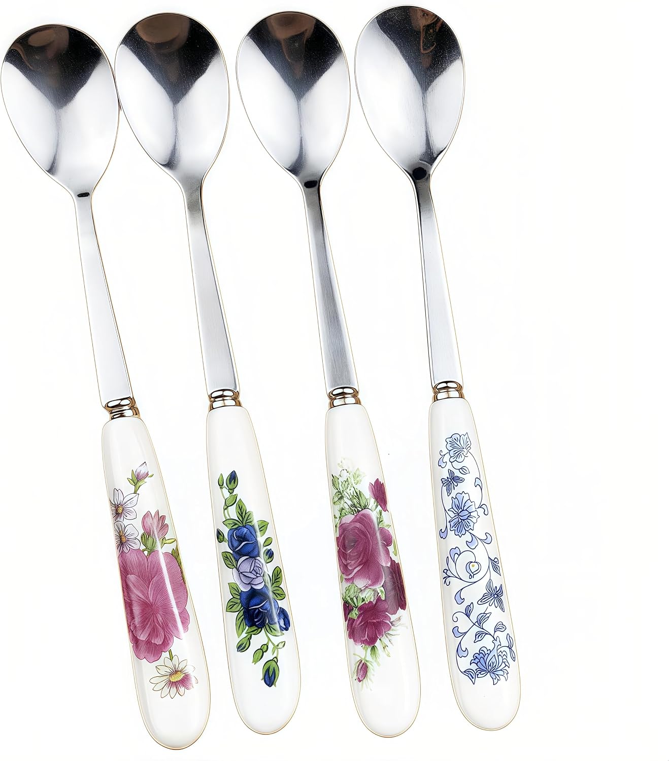 4-in-1 Stainless Steel & Ceramic Coffee Spoon Set - Elegant Floral Handle Tea/Dessert/Ice Cream/Sugar Spoon, Dishwasher Safe, Mirror Polish, Gift Ready（Housewarming/Thanksgiving）