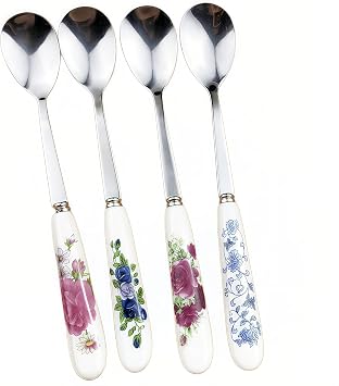 4-in-1 Stainless Steel & Ceramic Coffee Spoon Set - Elegant Floral Handle Tea/Dessert/Ice Cream/Sugar Spoon, Dishwasher Safe, Mirror Polish, Gift ReadyHousewarming/Thanksgiving