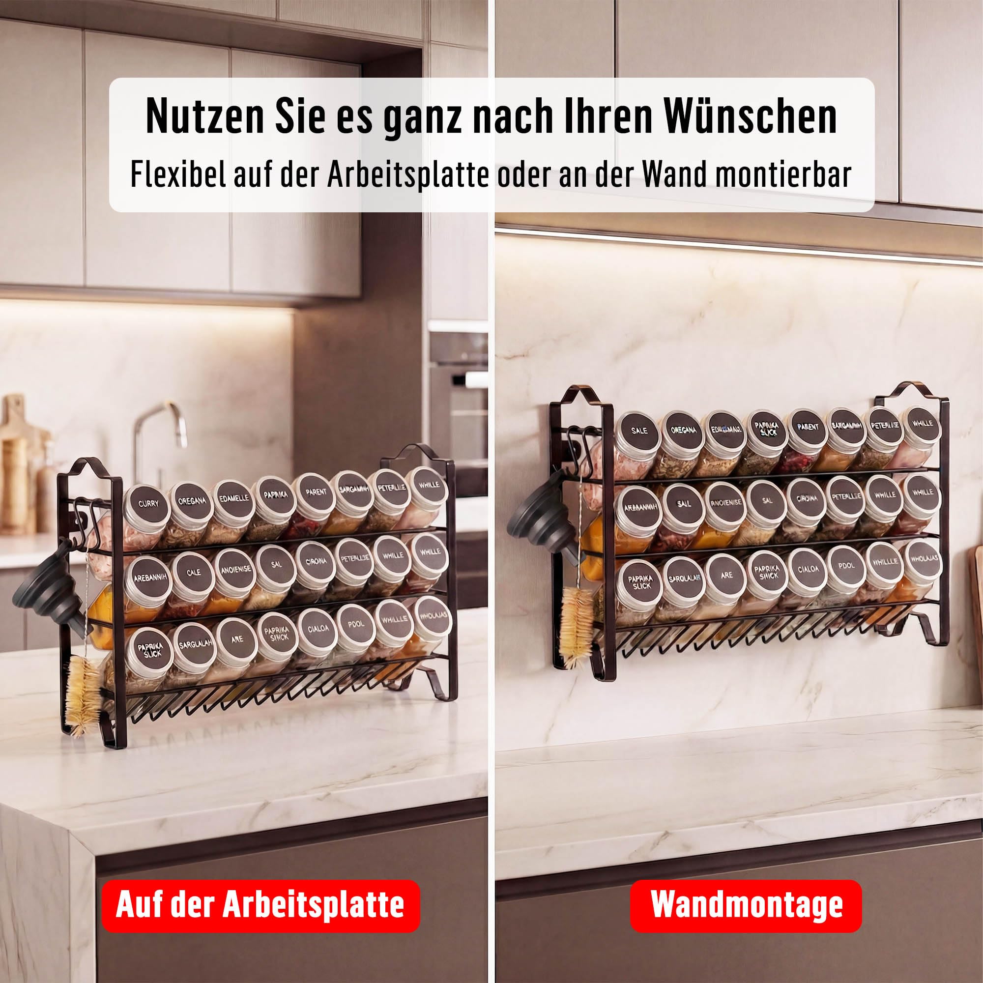 Deco haus® Gewürzregal Stehend & Wand [MIT GEWÜRZDOSEN & ETIKETTEN] - Gewürz Organizer - Spice Rack Organizer - Gewürzständer - Gewürzregalsystem Hängend - Gewürzaufbewahrung - Gewürzgläser mit Regal