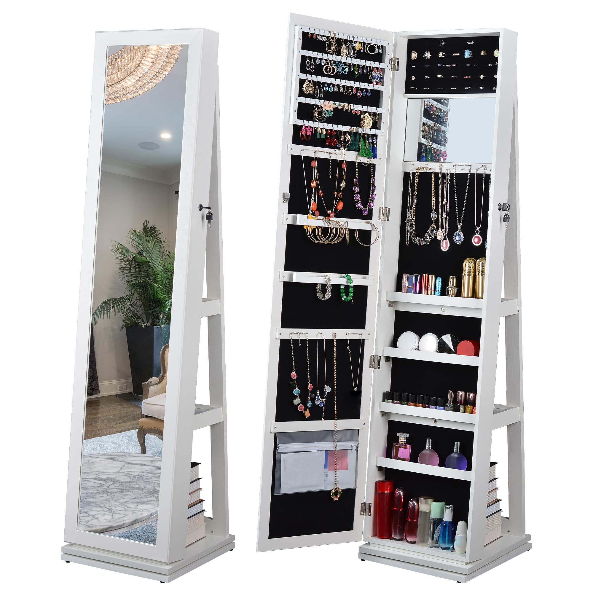 CuisinSmart360°Swivel Jewelry Cabinet,Lockable Standing Jewelry Armoire with Full Length Mirror,Wooden Freestanding Mirror Cabinet with Hidden Jewelry Storage for Bedroom Dressing Room White