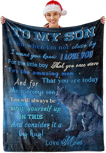 Manta de regalo con texto en inglés "To My Son", manta de franela de lobo de 50 x 40 pulgadas, suave y cálida felpa de forro polar, regalo para hijo