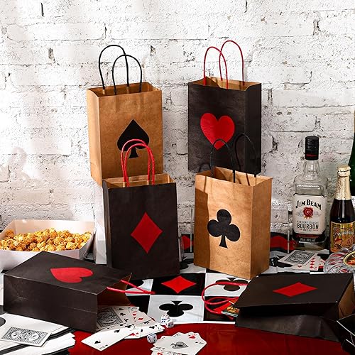 Miniatura 4 de Outus 24 bolsas de regalo para fiestas de casino, color rojo y negro, bolsas de papel con asas de 8.3 x 6 x 3 pulgadas para bolsas de papel