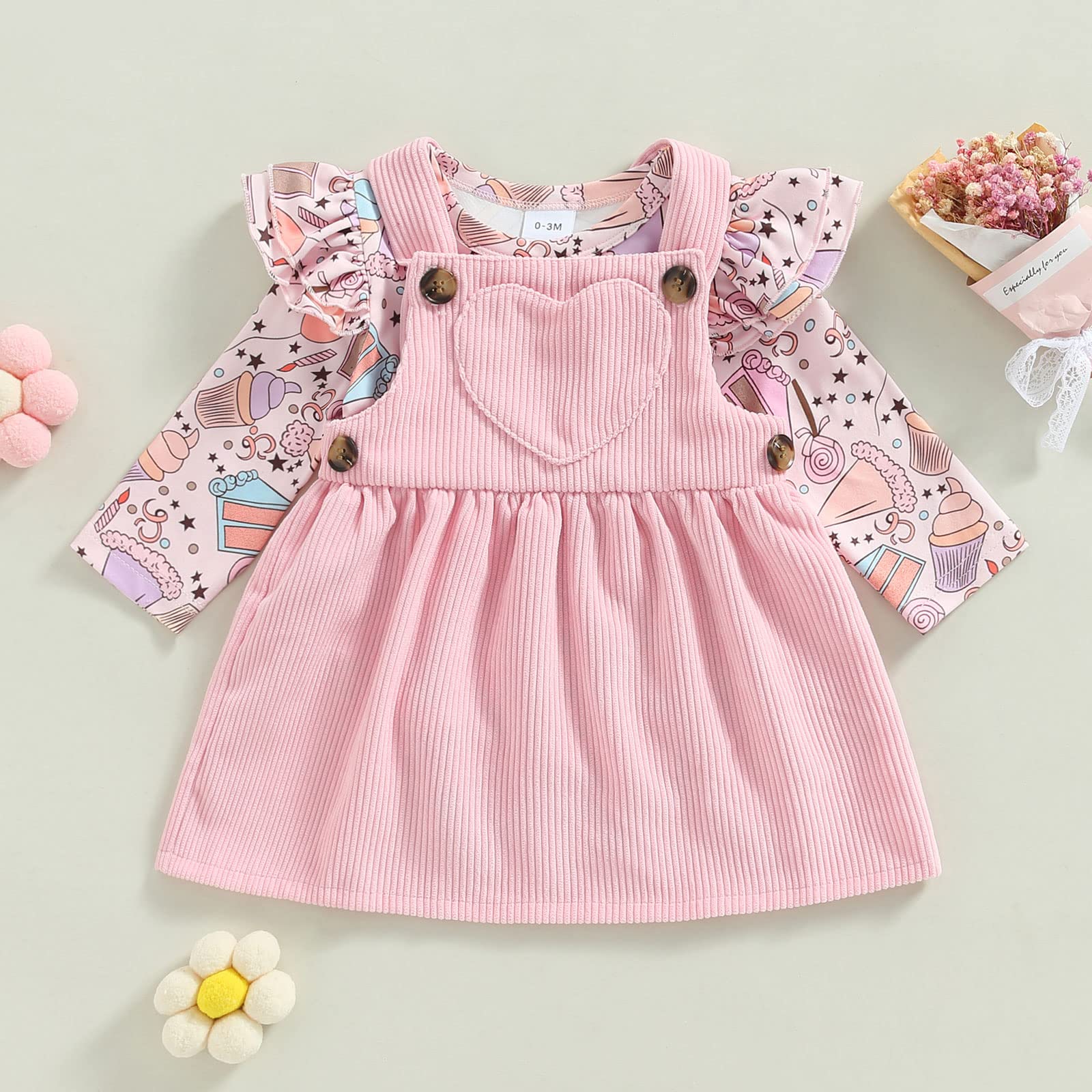 Newborn Baby Girl Clothes Ruffle Floral Long Sleeve Romper Top Heart Suspender Skirt Set Infant Girls Overall Dress (Light Pink Ice Cream,9-12 Months)