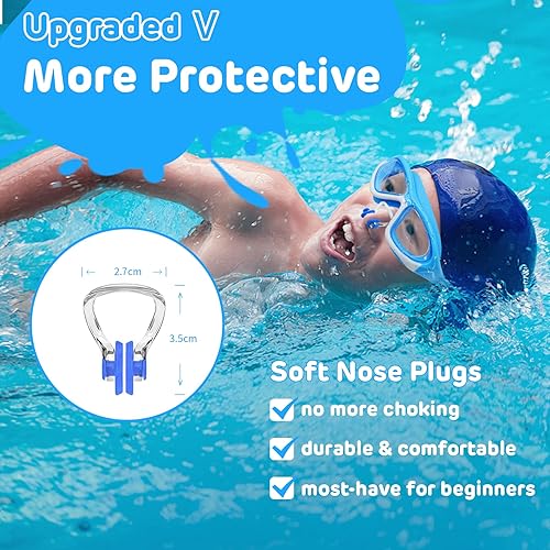 Miniatura 7 de Vvinca Gafas de natación para niños de 3 a 12 años, diseño mejorado 2022 con tapón para la oreja y la nariz, visión amplia, antivaho sin fugas,